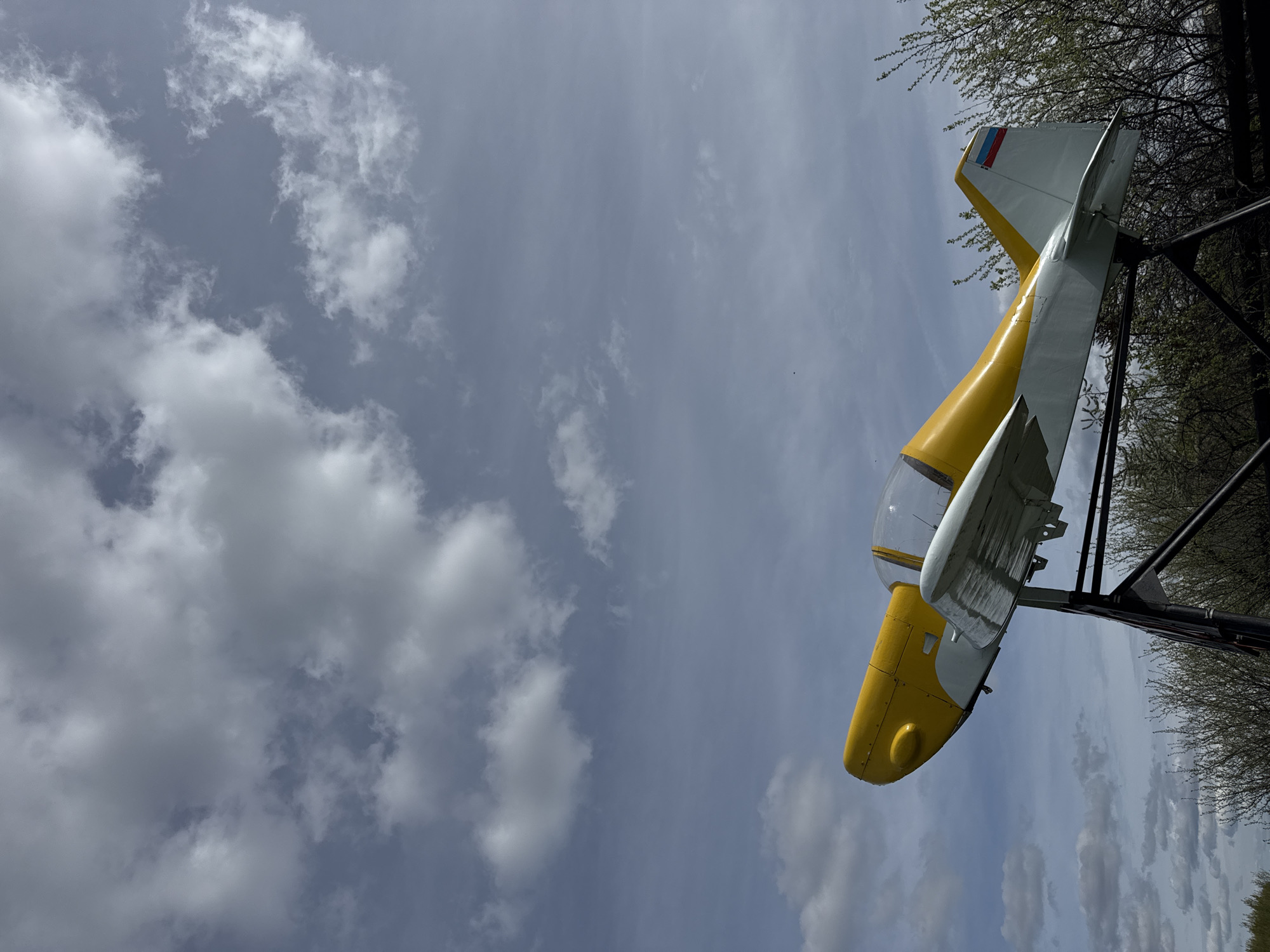 The image depicts a yellow and white Yakovlev Yak-52 airplane mounted on a black metal stand. The tail of the plane has a small Russian flag. The plane is set against a backdrop of a cloudy sky and trees with budding leaves. The location is in Nizhny Novgorod, Russia.