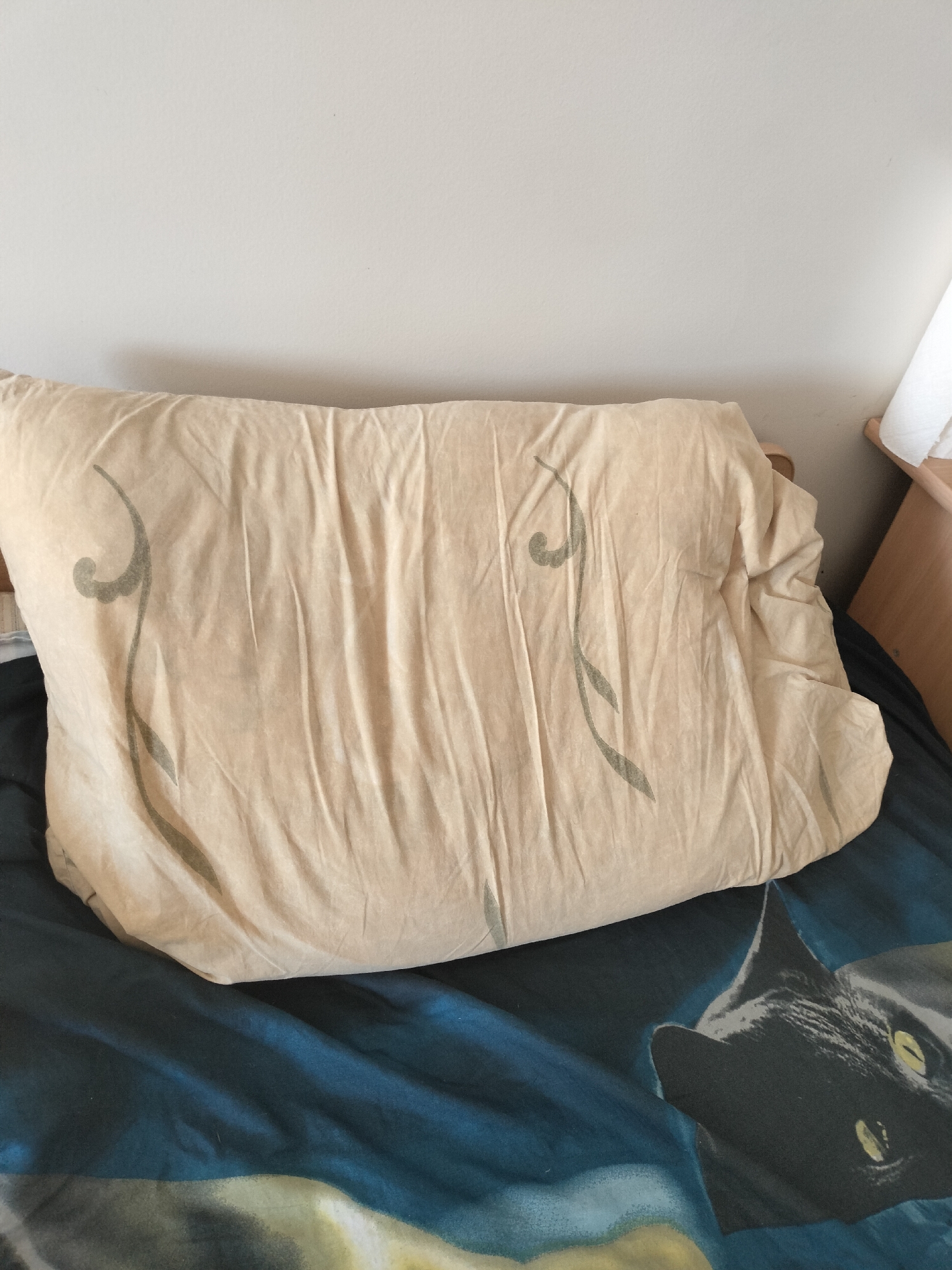 A light beige pillow with a subtle dark green abstract pattern is centered on a bed. The pillow is covered with a duvet that has a dark blue and black pattern of a cat. The bed is against a plain, off-white wall. To the right of the bed, a wooden bedside table is visible with a roll of white paper, possibly toilet paper, on top. The scene is an indoor setting, likely a bedroom, in Chernihiv, Ukraine. There are no people or animals present in the frame, only inanimate objects.