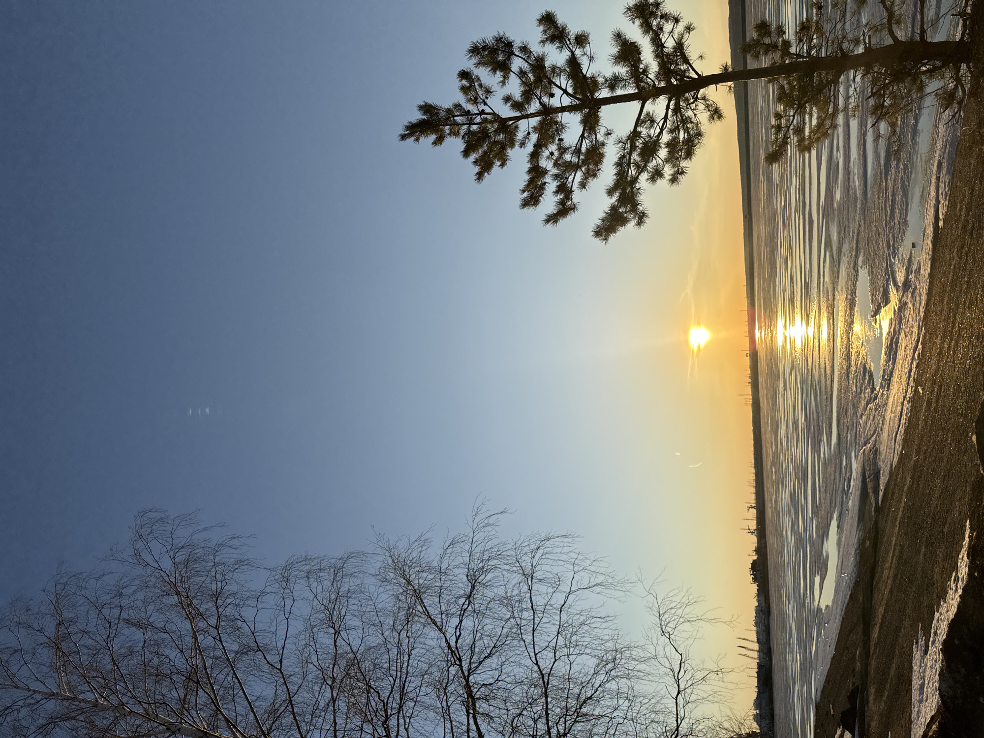 The image depicts a winter sunset over the Kama River in Chaikovsky, Russia. The sun is low on the horizon, reflecting brightly on the icy river surface. The foreground includes bare tree branches on the left and a pine tree branch in the upper right. The river bank is visible on the right side of the image. In the distance, a faint silhouette of the city of Chaikovsky can be seen on the far shore of the river. The sky transitions from blue above to orange and yellow near the horizon. There are visible contrails from an airplane high in the sky.
