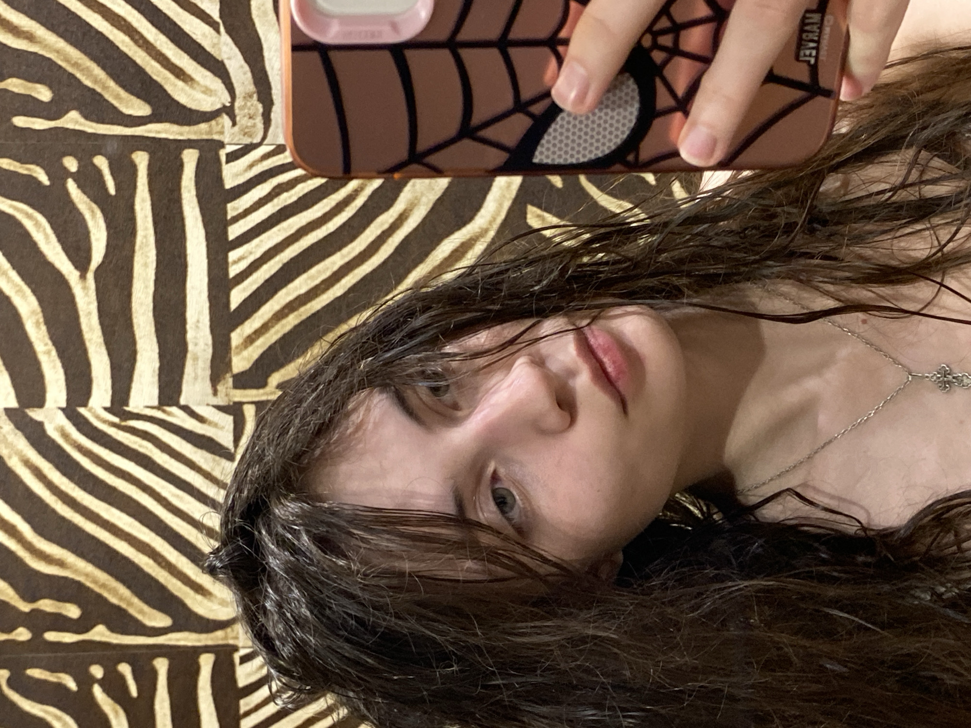 The media file presents a close-up selfie of a young individual, likely female, with long, dark, and seemingly damp hair. The person is lying down, positioned diagonally across the frame, looking towards the camera with a neutral to slightly contemplative expression. Their face is partly framed by strands of hair, revealing one eye and part of the nose and lips.
A smartphone is held in the upper right portion of the image, with a hand partially obscuring it. The phone case is distinctive, featuring a brown color with a black spiderweb design. Mirrored text, possibly "JEVRAM" or a similar brand name, is faintly visible on the phone case, indicative of a selfie image.
Around the individual's neck, a delicate silver necklace with a small, ornate cross-shaped pendant is visible.
The background behind the person is a brown surface patterned with prominent, light-colored zebra stripes. These stripes are arranged in a dynamic, somewhat irregular fashion, suggesting a patterned fabric, wallpaper, or bedding.
The setting appears to be indoors, with the dampness of the hair possibly indicating a recent shower or hair wash. The image is stated to have been taken in Votkinsk, Russia.