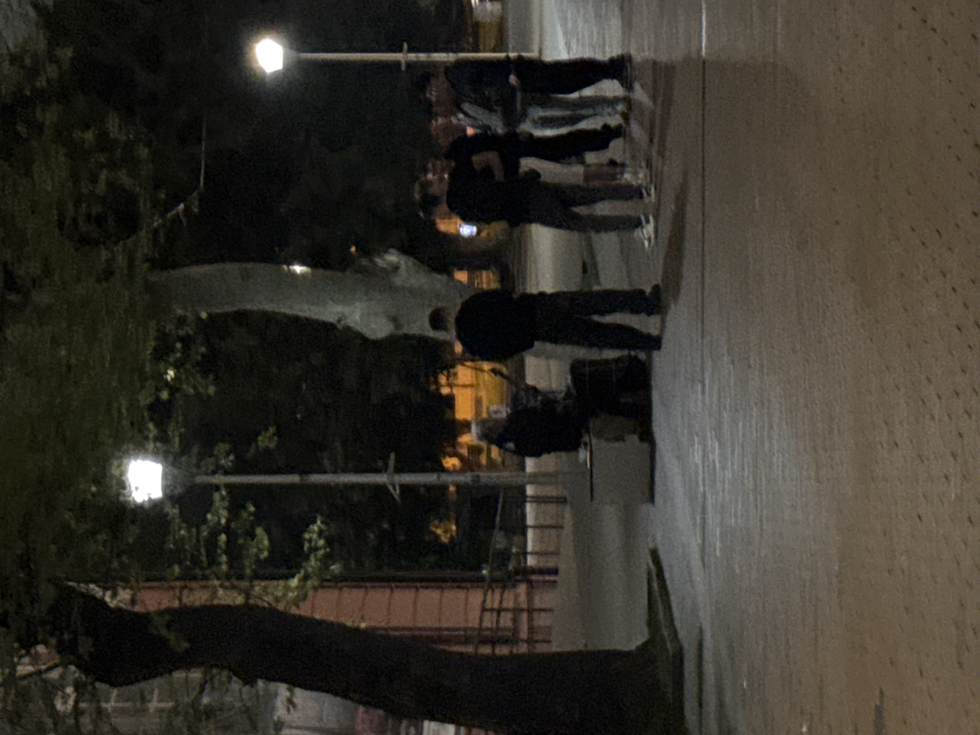 A group of people stands on a sidewalk in Varna, Bulgaria, at night. The scene is lit by street lamps that cast light onto the sidewalk. Trees line the side of the sidewalk, and their branches are visible in the foreground. A building is visible in the background.