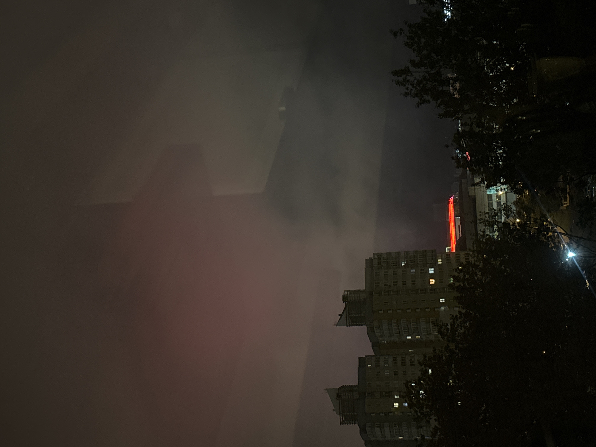 The image captures a nighttime scene in Minsk, Belarus, featuring a tall building illuminated by lights. Dense fog obscures the background, adding a sense of mystery. Dark silhouettes of trees frame the right side of the image. A red light source is visible atop one of the buildings, contrasting with the dim city lights. The scene appears calm and still.