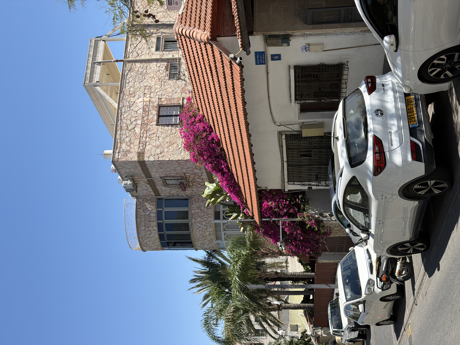The image captures a sunlit street scene in what appears to be a Mediterranean or Middle Eastern city, consistent with Tel Aviv, Israel. Several buildings line the street, featuring various architectural styles. A prominent building on the left (when correctly oriented) has a facade of light-colored rough stone, a reddish-brown tiled roof, and a vibrant cascade of purple bougainvillea growing along its side. This building also displays a curved balcony with metal railings and multiple windows, some fitted with security bars. Further back, another building with a white facade is visible, featuring a blue sign with the number "9" and Hebrew text on it, likely a street number sign.
The street is lined with several white cars. In the foreground, a white MG ZS SUV is clearly visible, parked parallel to the curb, with an Israeli license plate "291-09-709" on its rear. Other white vehicles are parked adjacent to it. Lush green vegetation, including palm trees and other foliage, adds to the street's ambiance.
The scene takes place on a bright, clear day, indicated by the intense sunlight and strong shadows. The sky is a cloudless blue. No people are visible, suggesting a quiet moment on the street. The visible text includes the street number "9" in blue, Hebrew text on the street sign, the car brand "MG ZS", and the Israeli license plate "291-09-709".