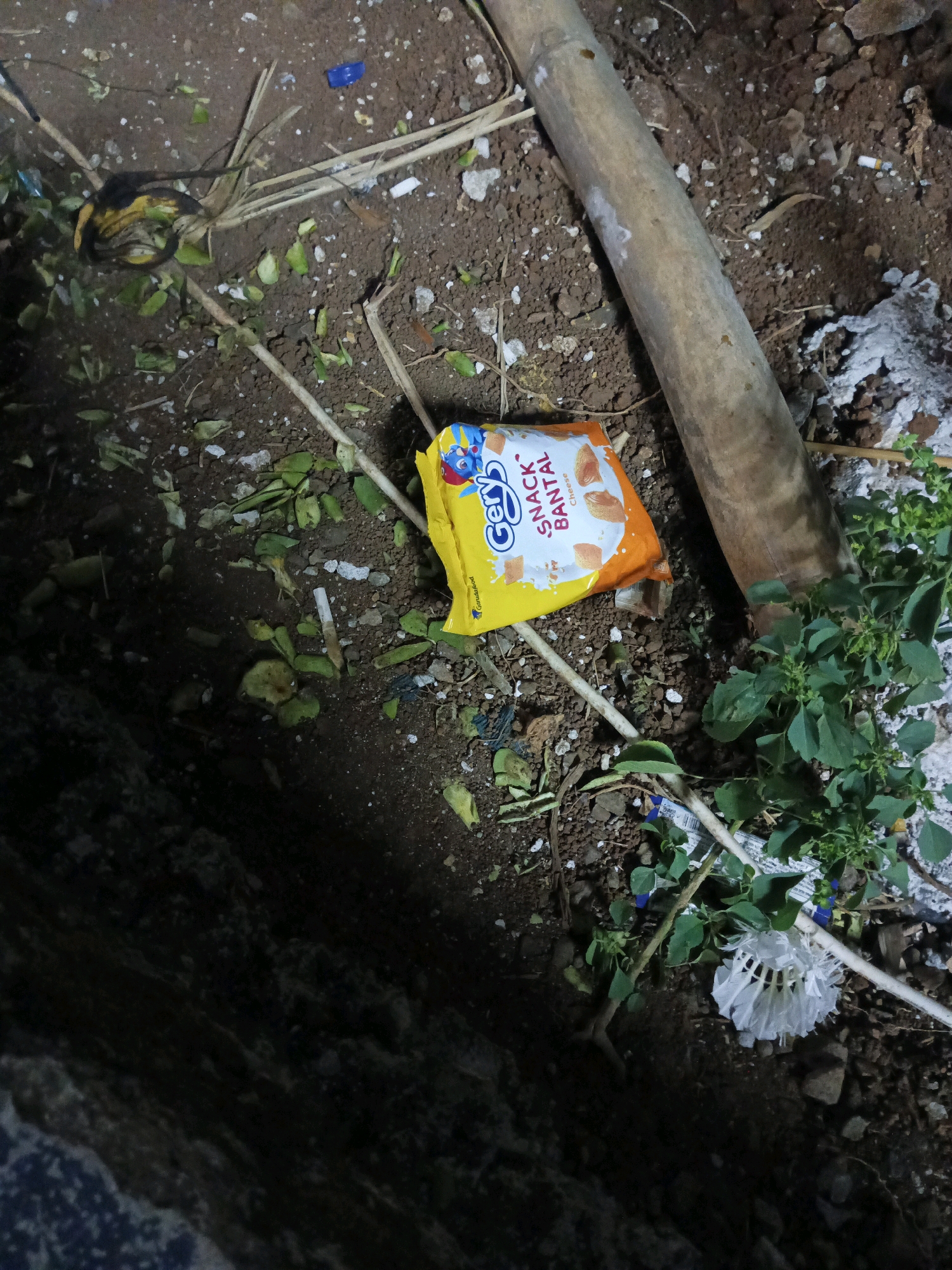 The image depicts a close-up, high-angle view of a cluttered outdoor ground surface, likely in the city of South Tangerang, Indonesia, judging by the presence of a "Gery Snack Bantal Cheese" packet, a popular Indonesian snack. The scene is characterized by loose soil, small stones, and scattered debris.
Dominating the center-left of the frame is an orange and yellow snack packet, partially open, revealing an image of cheese snacks. To the right of the packet, a thick, light-colored, roughly cylindrical object, appearing to be a piece of bamboo, lies horizontally. Scattered throughout the scene are dried leaves and small green plant foliage.
Notable debris includes a partially consumed cigarette with a white filter in the middle-left area, and a crumpled white object resembling a used shuttlecock or a tightly bundled piece of paper on the right, near a slender white tube. A small blue plastic cap is visible near the top center. The overall impression is one of neglect and discarded items on unkempt ground.