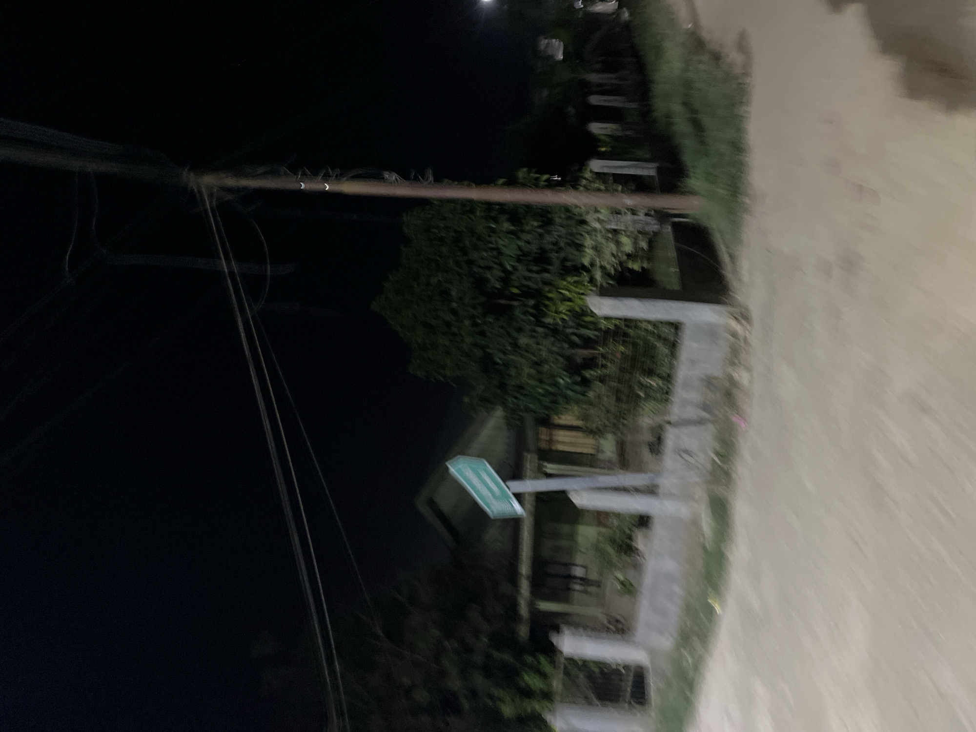 This is a vertical, slightly blurred nighttime photograph taken outdoors in Kesehatanbandar, Indonesia. The image depicts a street scene with elements of urban infrastructure and vegetation.
In the foreground, power lines are visible, stretching across the dark expanse. To the right, a paved area, likely a road or sidewalk, is illuminated by an unseen light source, giving it a light, sandy color and a blurred appearance due to movement during the exposure.
Further into the scene, there is a dense patch of dark green foliage, suggesting trees or bushes. A signpost with a green, hexagonal sign is mounted on a metal pole, pointing to the left. Although the text on the sign is illegible due to the blur, its shape and color are distinct. Beyond the greenery, there appear to be some structures, possibly buildings or fences, with horizontal elements suggesting benches or railings.
The time of day is clearly night, indicated by the darkness and the artificial lighting. The weather is not discernible from the image. The overall impression is that of a quiet, dimly lit street at night.