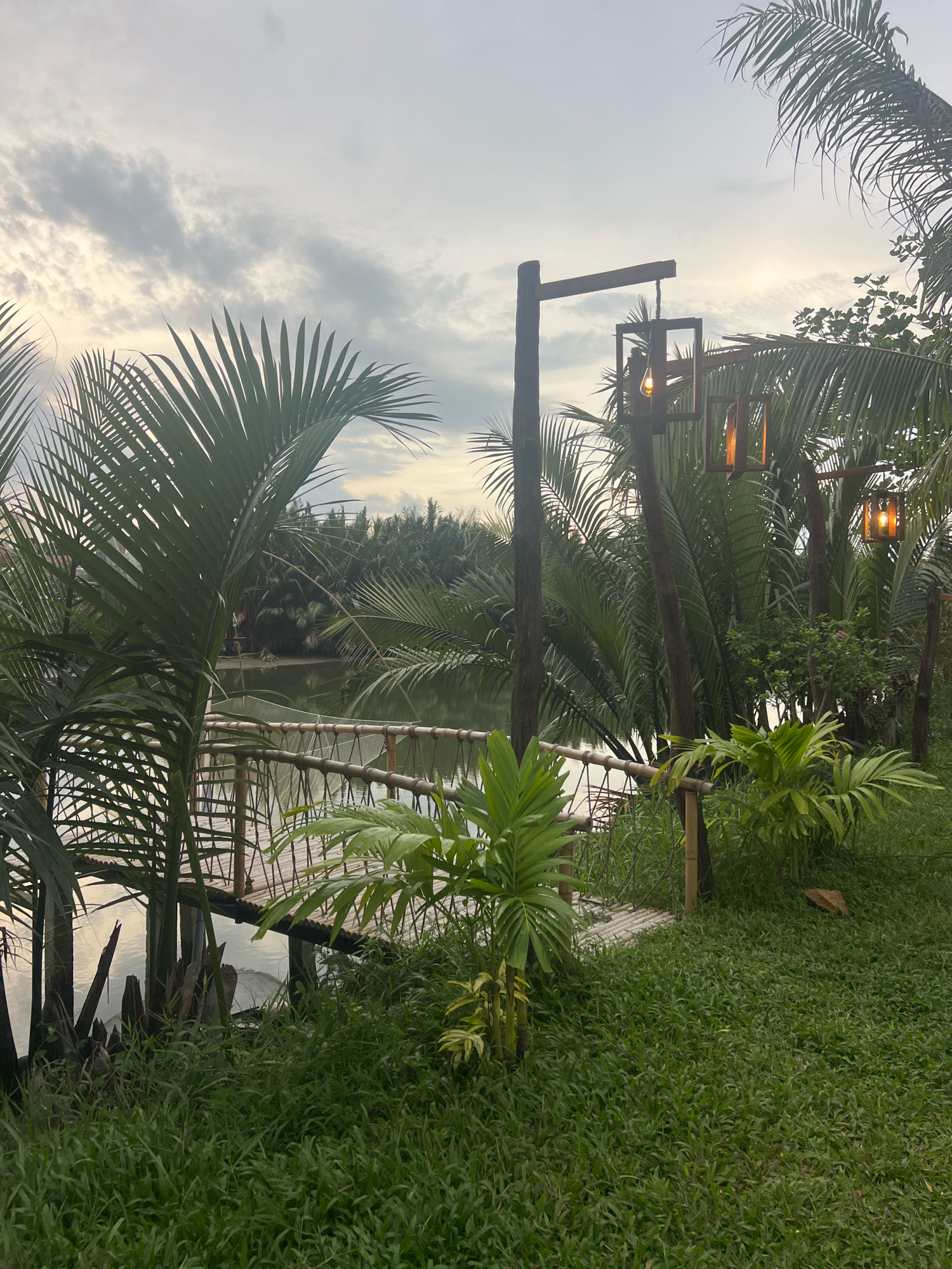 The image depicts a tranquil waterside scene, likely a garden or park, in Hoi An, Vietnam. The foreground is dominated by lush green grass and various palm-like plants. To the left, a portion of a wooden walkway with a rope railing extends over the water. In the middle ground, a calm body of water is visible, reflecting the overcast sky. Across the water, dense vegetation forms a backdrop. The right side of the image features two wooden lamp posts, each holding a lantern with an illuminated orange glow. These lanterns are suspended from wooden beams. The sky is cloudy with hints of diffused sunlight, suggesting it is either early morning or late afternoon. The overall atmosphere is serene and natural, with a touch of rustic charm from the lanterns and walkway.