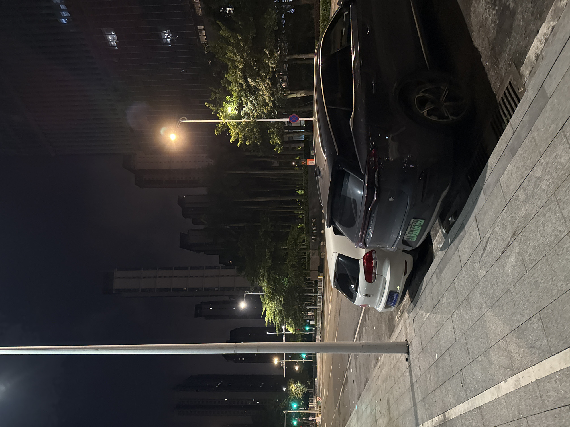 The image depicts an urban street scene at night in Haizhu District, China. The perspective is from a low angle, looking upwards. Two cars are parked on the right side of the frame, the closer one being a white hatchback and the farther one a dark sedan. The white car has a license plate visible, which appears to read "粤AEJ339". Behind the cars, there are trees illuminated by streetlights, casting a warm glow. In the background, tall buildings with illuminated windows suggest a commercial or residential area. Streetlights are also visible along the road, indicating the time is after dark. The sidewalk in the foreground is paved with large, rectangular stones. The overall atmosphere is quiet and nocturnal, with the city lights creating a backdrop to the parked vehicles. There are traffic lights visible in the distance, some showing green. The image is oriented vertically.
