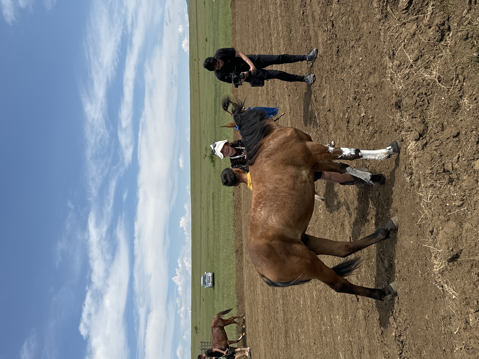 The image depicts an outdoor scene in the city of Orongoi, Russia, under a bright blue sky with scattered white clouds. In the foreground, a brown horse stands on a dirt field. Its hind legs are painted white from the hooves up to the knees. Several people are interacting with the horse. One person, wearing a white hat, stands to the left of the horse's head and appears to be holding it. Another person, wearing a black t-shirt and pants, stands to the right, holding a video camera and filming. A third person, wearing a yellow shirt, is partially visible behind the horse. In the middle ground, another brown horse is being led by a person on the left. Further in the background, a silver SUV is parked in a vast green field. The overall impression is of an event or activity taking place in a rural or open landscape.