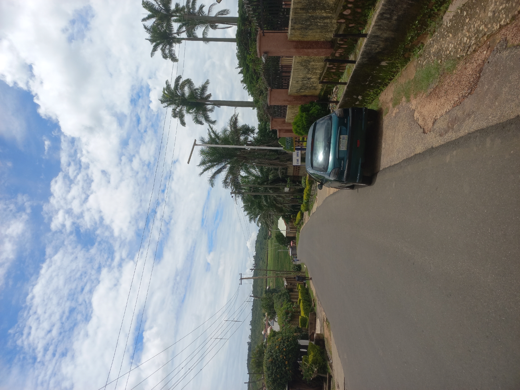 The image depicts a paved road curving through a residential area in Jos, Nigeria, under a cloudy sky. On the right side of the road, a green Peugeot car is parked. Beyond the car, a red-brown wall with a black metal fence runs along the property line, backed by lush green foliage and tall palm trees. A sign with green lettering that reads "MOUNTAIN VIEW" and "ECOWA HOMES" is visible on the left side of the road, near a small, trimmed bush. Further down the road, several individuals are walking, and more houses and vegetation are visible on either side. The surrounding landscape includes rolling hills in the background, covered in green vegetation and dotted with buildings. Utility poles with electrical wires are prominent along the road.