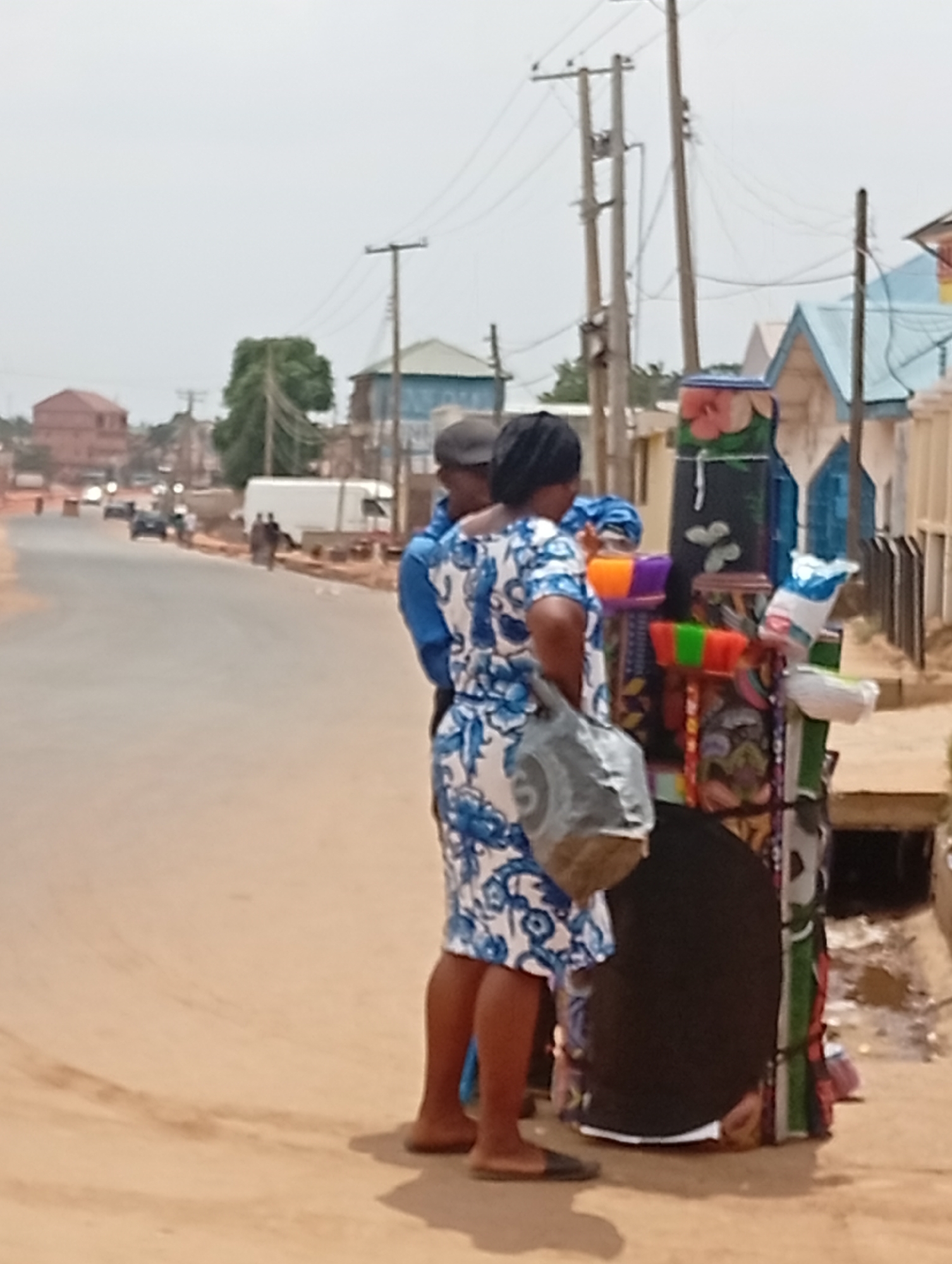 The photograph captures a lively street scene, likely in Sabon Tasha, Nigeria, under an overcast sky. In the immediate foreground on the right, two individuals are standing on the wide, unpaved road, appearing to interact with a brightly colored street vendor's stall. A woman, seen from behind, is the most prominent figure, dressed in a blue and white patterned dress and wearing flip-flops. She carries a grey bag over her left shoulder. Partially visible behind her is a man wearing a blue shirt and a dark cap.
The vendor's stall is a tall, vertical structure, heavily laden with a diverse collection of colorful household items. These include plastic containers, brooms, and other goods, many adorned with vibrant patterns, some floral. The street stretches into the mid-ground and background, where other pedestrians and vehicles, including a white van, can be faintly observed. The landscape is characterized by numerous utility poles with a dense network of overhead electrical wires, lining the road and extending across the frame. Various buildings with different architectural styles and roof colors, including light blue and reddish-brown, are visible in the distance, suggesting a typical semi-urban environment. The dusty road surface and general outdoor activity convey an ordinary daytime moment in this Nigerian community. No discernible text is visible in the image.