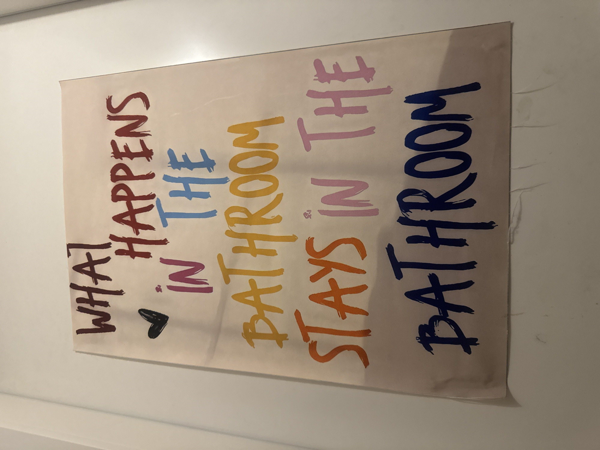 The image shows a poster with text written in different colors. The text reads "WHAT HAPPENS IN THE BATHROOM STAYS IN THE BATHROOM". The poster is attached to a white wall, possibly a door, with what appears to be tape. There is a black heart drawn to the left of the word "IN". The poster is slightly creased and has some marks on it. The overall lighting suggests an indoor setting. There is no discernible information about the location in Ramat Gan, Israel, or any people, actions, or interactions.
