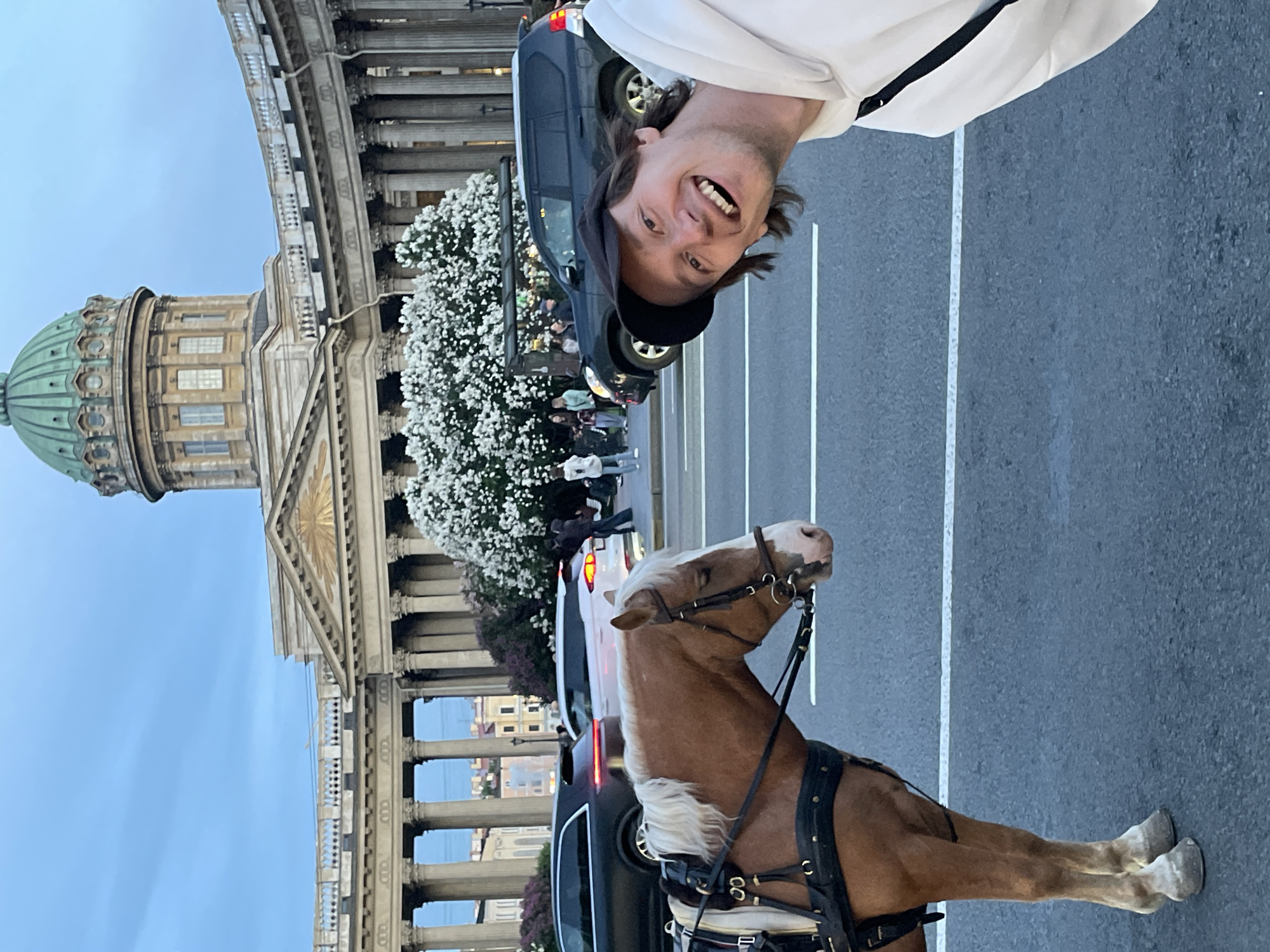 An outdoor, slightly high-angle shot depicts a smiling man and a harnessed horse on a city street, with a prominent architectural landmark in the background.
The central figure is a young man with brown hair, wearing a white long-sleeved top with a black stripe and a dark baseball cap. He is looking directly at the camera with a wide, open-mouthed smile, conveying a happy and enthusiastic emotion. His head and upper torso are visible in the upper center of the frame.
To the right of the man, occupying the lower right portion of the image, is a light brown horse with a white mane and tail, and white markings on its face. It is fitted with black leather harnesses, suggesting it is prepared for a carriage ride. The horse's head is turned slightly to the right, and its legs are visible on the asphalt.
In the background, on the left side of the frame, stands a grand Neoclassical-style building with a large green dome and a distinctive colonnade. This architecture strongly identifies the building as Kazan Cathedral in Saint Petersburg, Russia, aligning with the provided location context. In front of the cathedral, there are lush white flowering trees or bushes.
The setting appears to be a city street or square, with asphalt visible in the foreground and stretching into the background, marked with white lines. Several cars, including a dark SUV, are parked or driving in the mid-ground. Other pedestrians are visible in the background near the flowering trees.
The lighting suggests late afternoon or early evening, with soft, diffused light and a clear, light blue sky above the cathedral. No visible text or signs are clearly decipherable in the image. The scene captures a vibrant urban moment, possibly involving tourism or leisure.
