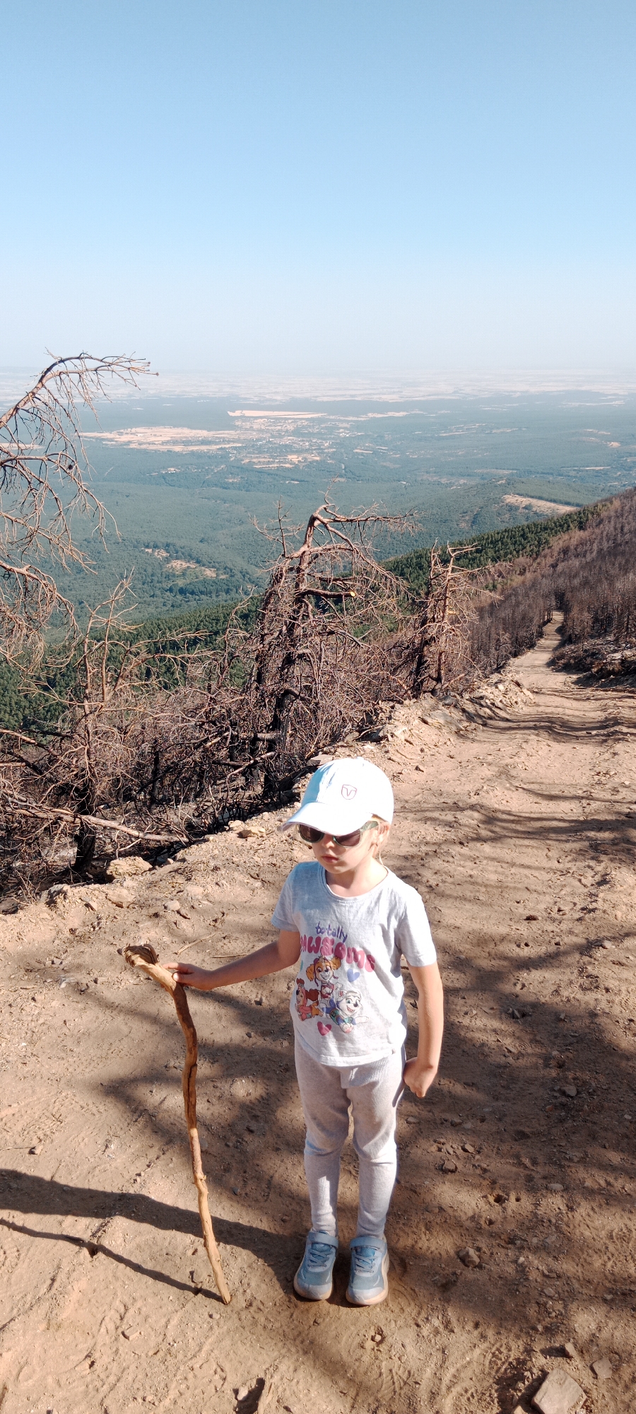 A young child wearing a white cap, sunglasses, a t-shirt, and light gray pants stands on a dirt path in a mountainous, wooded area. The child holds a wooden walking stick. The path curves upwards to the right, and the surrounding vegetation shows signs of a recent fire, with many bare, dead trees and blackened ground visible. In the background, a valley stretches out with more green trees, and beyond that, a hazy landscape with distant buildings. The sky is clear and blue. The location is identified as Cerezo de Arriba, Spain.