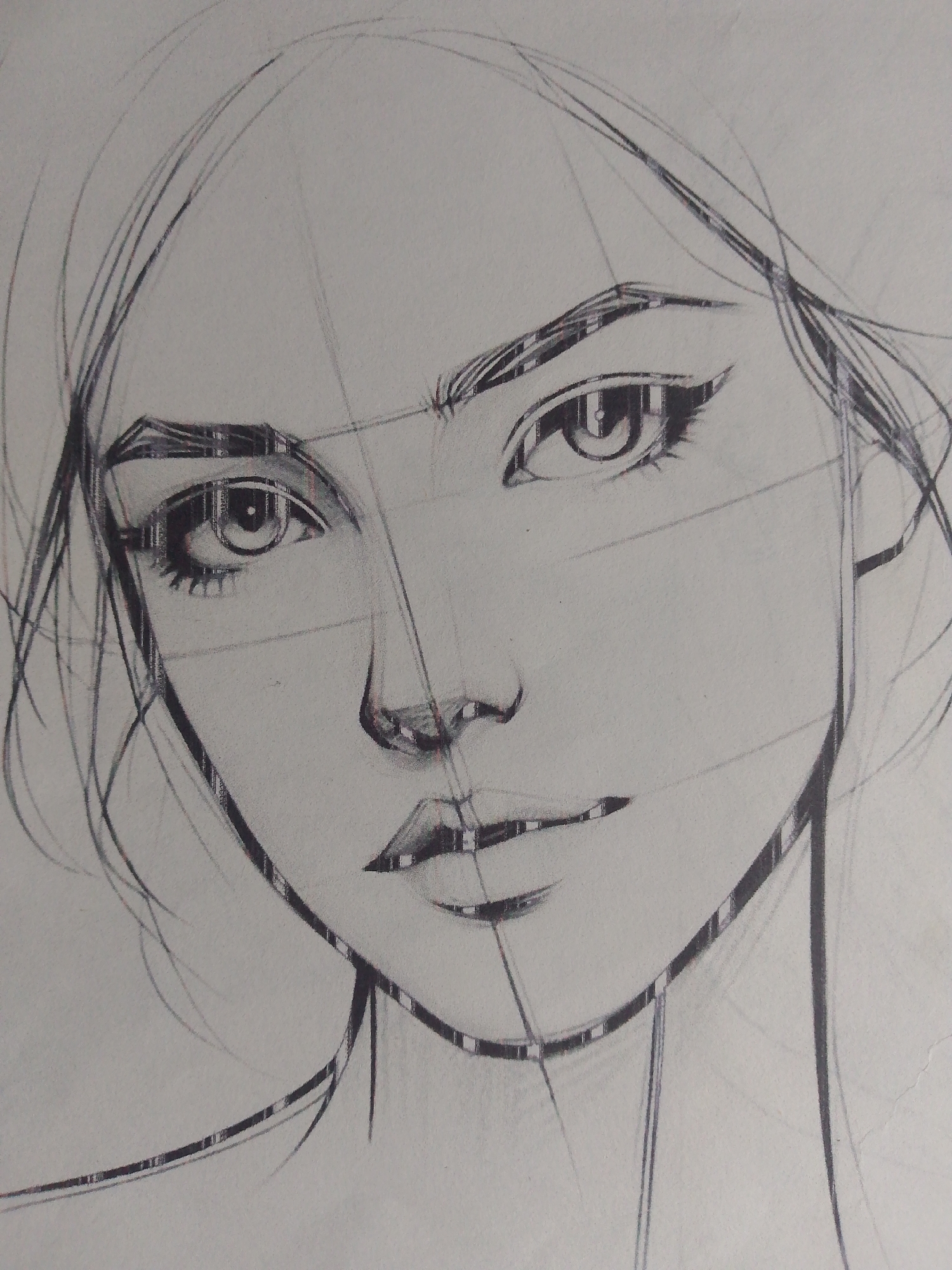 The image is a close-up, black and white sketch of a woman's face, drawn with pencil. The sketch includes construction lines for the face, indicating it is in progress. The woman's eyes are wide open and detailed, with long eyelashes. Her eyebrows are arched, and her lips are slightly parted. The sketch is done on a textured, light-colored surface, likely paper. There is no indication of the city of Nikologory, Russia, in the image or its content.