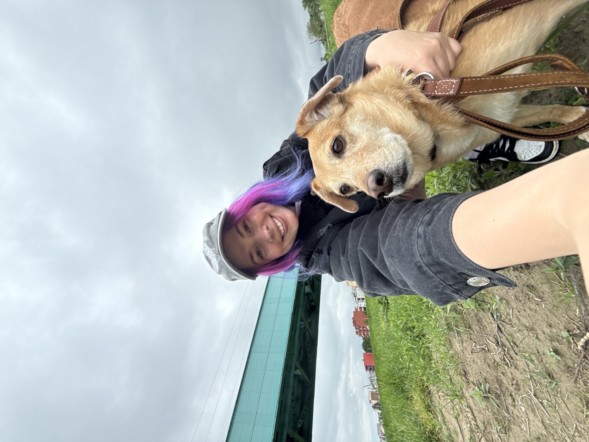 The image captures a cheerful outdoor selfie featuring a young person and their dog. The scene is set against an overcast sky and a prominent green bridge, suggesting an urban or suburban environment, specifically in the City of Zagreb, Croatia.
In the foreground, a young individual, likely female, smiles brightly towards the camera. They are wearing a light gray baseball cap and a dark gray long-sleeved top, possibly a jacket. Their hair is distinctively dyed in vibrant shades of purple and blue. Beside them, a medium-sized, light brown dog with alert brown eyes is also looking towards the camera. The person is affectionately embracing the dog, whose head is resting close to their chest, and the dog is wearing a brown leather harness or leash.
The background reveals a large, robust green metal bridge structure, featuring visible rivets and segments, indicating a significant engineering feat, possibly a railway or road bridge. To the right, patches of green grass and a dirt path are visible, leading to a distant cluster of residential buildings, characterized by their multiple stories and red roofs. The sky above is completely overcast with light gray clouds, suggesting a cloudy daytime. The overall impression is one of happiness and companionship between the person and their pet. No clear, legible text is discernible on any objects within the image.