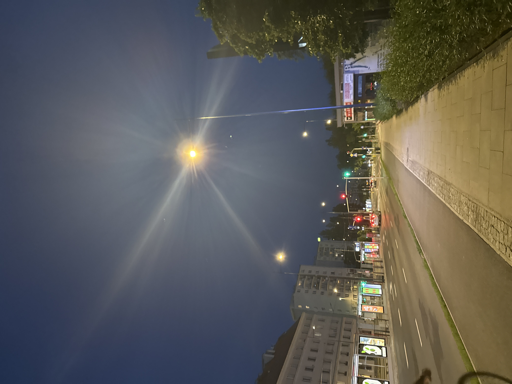 An outdoor, vertical, nighttime, full shot captures a street scene in an urban environment. The sky is a deep indigo with a bright streetlamp in the upper center, emanating a strong glare and visible light rays. Below the sky, on the left side of the image, is a row of multi-story buildings with windows. A road runs horizontally across the middle ground, with a bike lane in the foreground. Several bus shelters with illuminated advertisements line the side of the road. A car with its headlights on is visible in the distance, stopped at a traffic light, which is red. Trees and foliage are present on the right side of the image, and a sidewalk made of concrete pavers runs alongside the street. A partial view of a bicycle wheel is visible in the lower left corner.