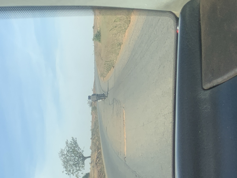 A motorcyclist is seen in the distance on a paved road, likely viewed from inside a vehicle. The road curves slightly and is bordered by dry vegetation. A lone tree stands to the left of the road. The sky is pale blue with a hint of cloud cover. The interior of the car is visible on the right side of the frame.