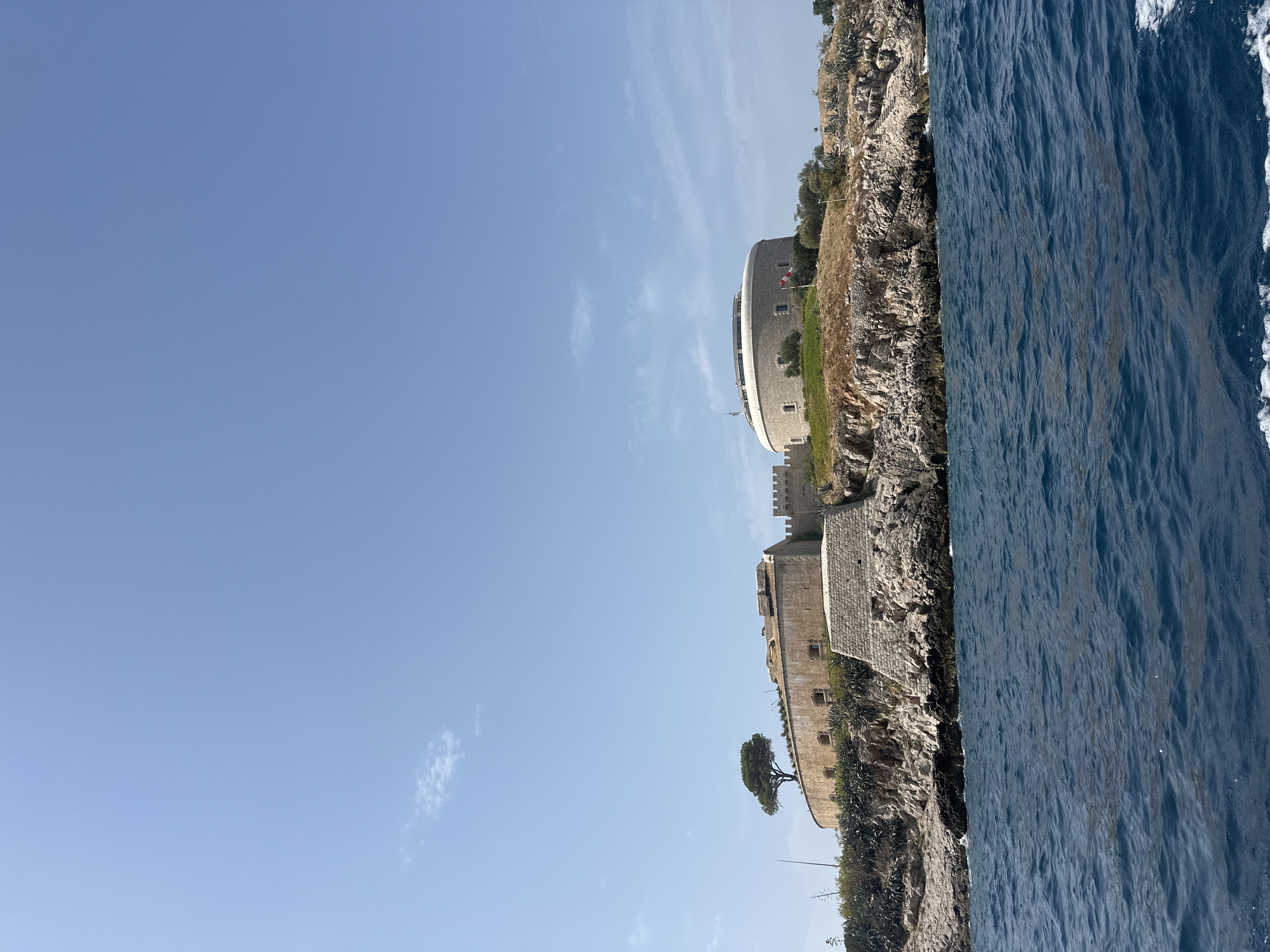 The image captures a scenic view of the Mamula Fortress, an island fortification located in the Adriatic Sea, off the coast of Luštica, Montenegro. The fortress, a significant historical landmark, is perched atop a rocky island. It features two distinct structures: a lower, longer section with a curved wall and battlements, and a higher, circular building with a modern-looking roofline. A lone tree stands prominently on the left side of the curved wall. The rocky island is covered with sparse vegetation, including agave plants and shrubs. The fortress is surrounded by the clear, blue waters of the Adriatic Sea, which shows gentle ripples. The sky above is a bright, clear blue with a few wispy clouds. The perspective suggests the photograph was taken from a boat or vessel at sea.
