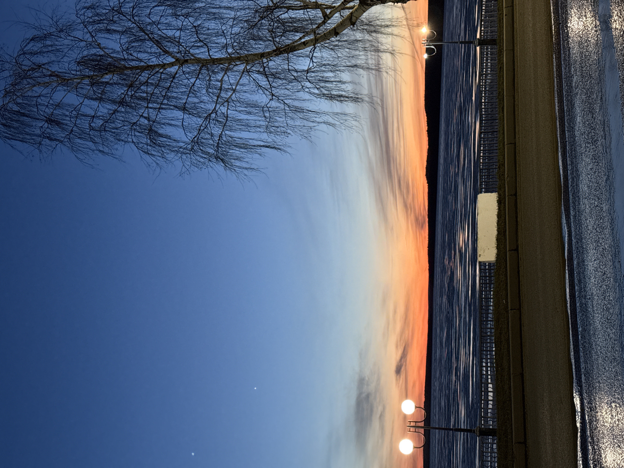 The image captures a dusk scene in Votkinsk, Russia. The sky transitions from a deep blue to an orange hue at the horizon, reflected in the calm water of the Votkinsk Reservoir. Silhouetted bare tree branches frame the upper left. Along the shoreline, evenly spaced lampposts with illuminated globes cast light onto the water. A paved walkway runs parallel to the water's edge, with a metallic fence separating it from the water. A road runs alongside the walkway, its surface appearing wet and reflective, possibly from recent rain or ice.