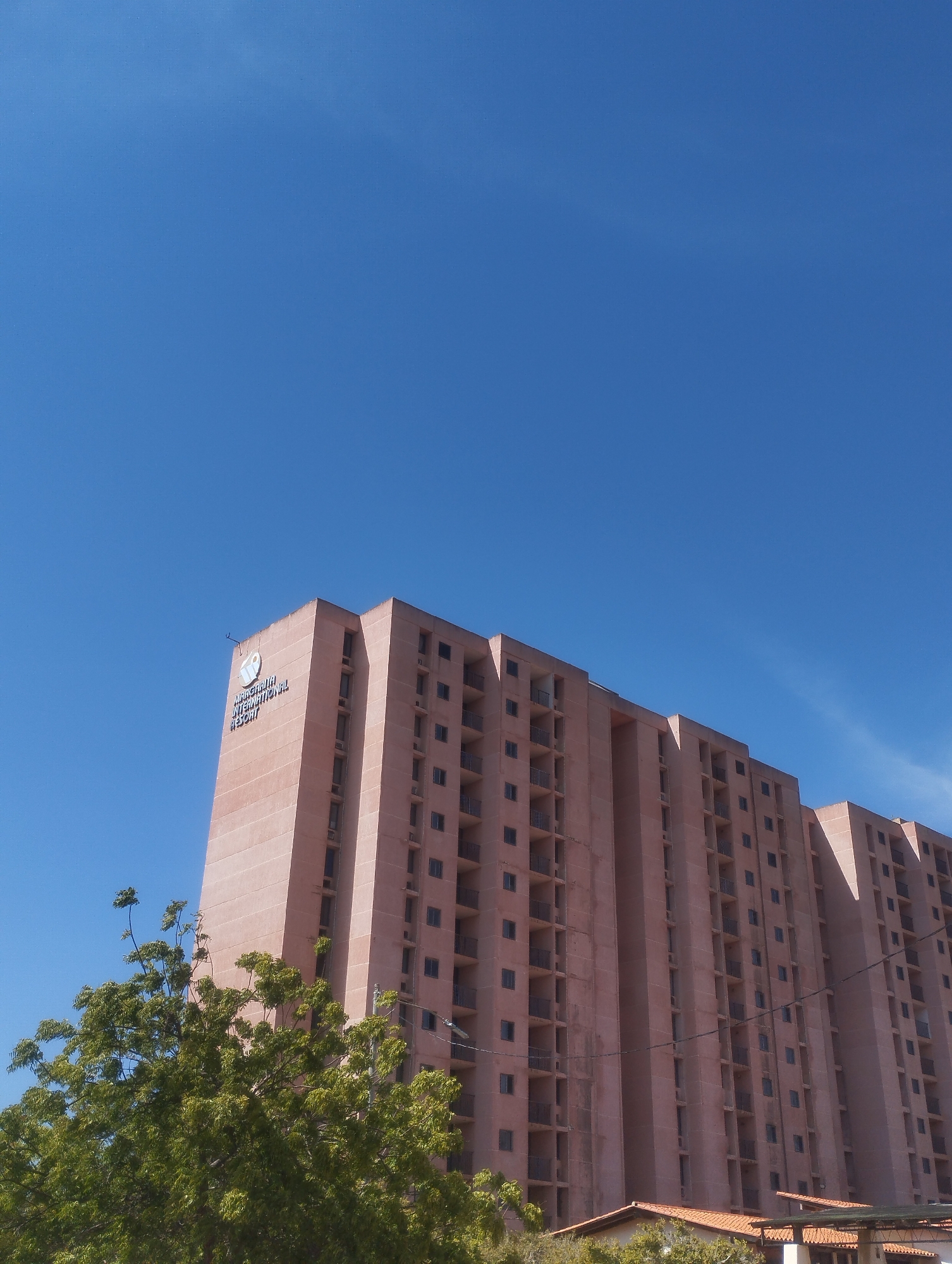 The image shows the Margarita International Resort building in Porlamar, Venezuela, taken from a low angle. The building is a tall, multi-story, pinkish-brown structure with many windows and balconies. The top of the building has a sign with the resort's name and logo. A green tree is visible in the lower left corner, partially obscuring the building. Blue sky occupies most of the frame. Parts of other buildings with reddish-brown roofs are visible at the bottom edge.