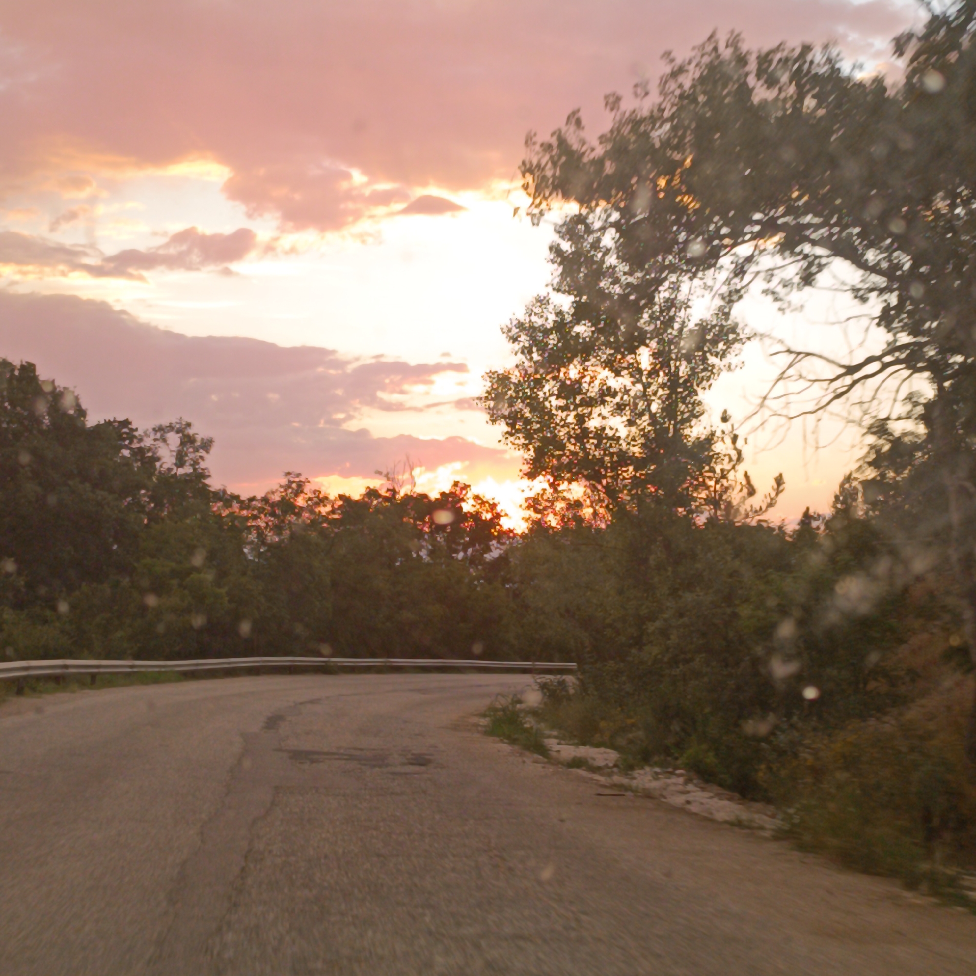 This is a landscape photograph taken at sunset on a road in the vicinity of Madzharovo, Bulgaria. The image captures a winding asphalt road in the foreground, with a metal guardrail running along its left side. The road surface appears worn, with visible cracks and patches. On the right side of the road, dense vegetation and trees line the landscape, with some areas showing grass and rocks.
In the background, the sky is filled with dramatic clouds tinted with shades of pink, orange, and yellow, indicative of a sunset. The sun itself is obscured by the clouds and trees, but its bright light creates a halo effect around the foliage. A large, leafy tree dominates the right side of the frame, its branches silhouetted against the bright sky. The overall scene suggests a rural or natural setting, likely on the outskirts of the town. The photograph has a slightly blurred quality, possibly due to movement or lens characteristics, and small circular spots, likely water droplets or dust on the lens, are visible throughout the image. No people or specific structures are clearly identifiable in the scene.