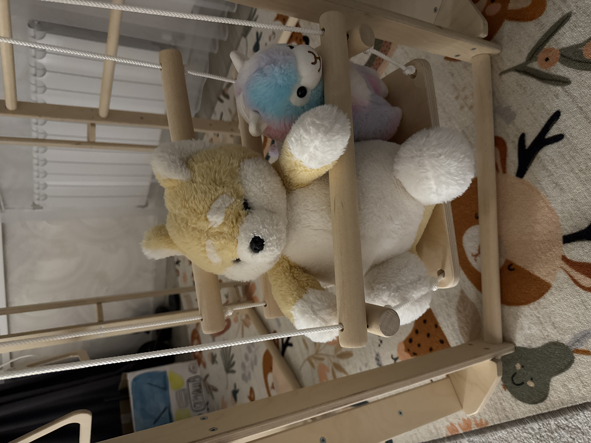 The image shows a child's climbing frame indoors. On the frame are two stuffed animals: a yellow and white bear and a blue and purple unicorn. The climbing frame is made of light-colored wood and has rungs made of rope and wooden dowels. The background shows part of a patterned rug. The location is not specified and there is no indication this is in Sochi, Russia.