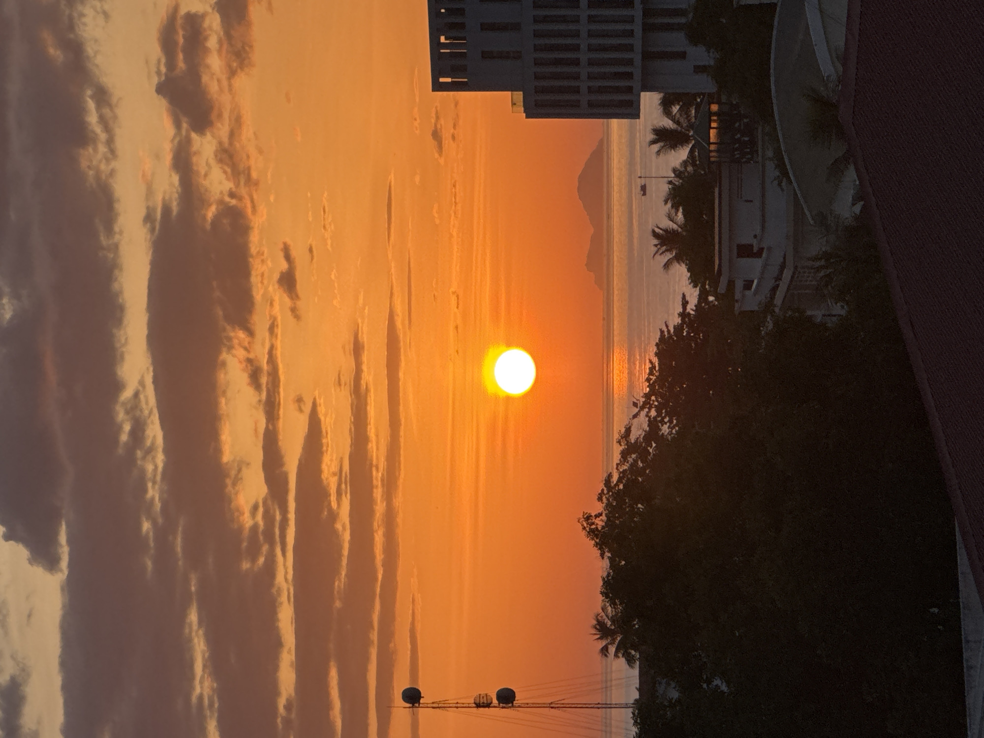 The image depicts a vibrant sunset over the city of Nha Trang, Vietnam. The sun, a brilliant white orb, is positioned just above the horizon, casting a warm orange glow across the sky and the sea. Wispy clouds, tinged with orange and purple, stretch across the upper half of the frame.
In the foreground, dark silhouettes of trees and rooftops create a stark contrast against the luminous sky. To the left, a tall radio tower with multiple antennas stands as a prominent man-made structure. On the right, a modern building with a white facade and dark window frames rises above the treeline. In the distance, silhouetted islands break the horizon, adding depth to the seascape. A small boat is visible on the water, suggesting activity on the sea. The overall scene is one of natural beauty augmented by urban elements.