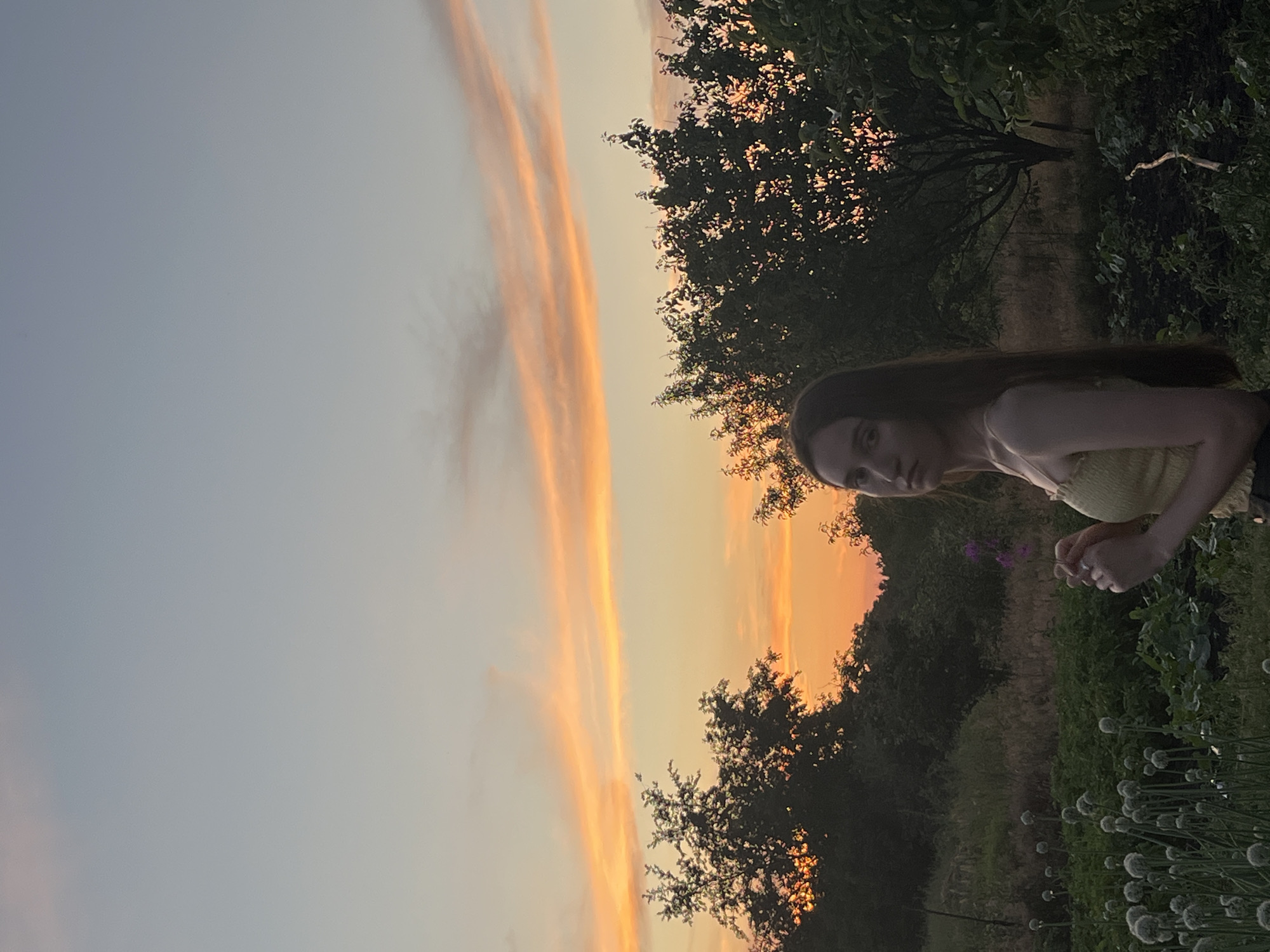 A young woman with long brown hair is standing in a garden at sunset. She is wearing a yellow top and holding a small purple flower. The sky is a mix of orange, pink, and blue, with some clouds. There are trees and plants in the background. The scene is dimly lit by the setting sun.