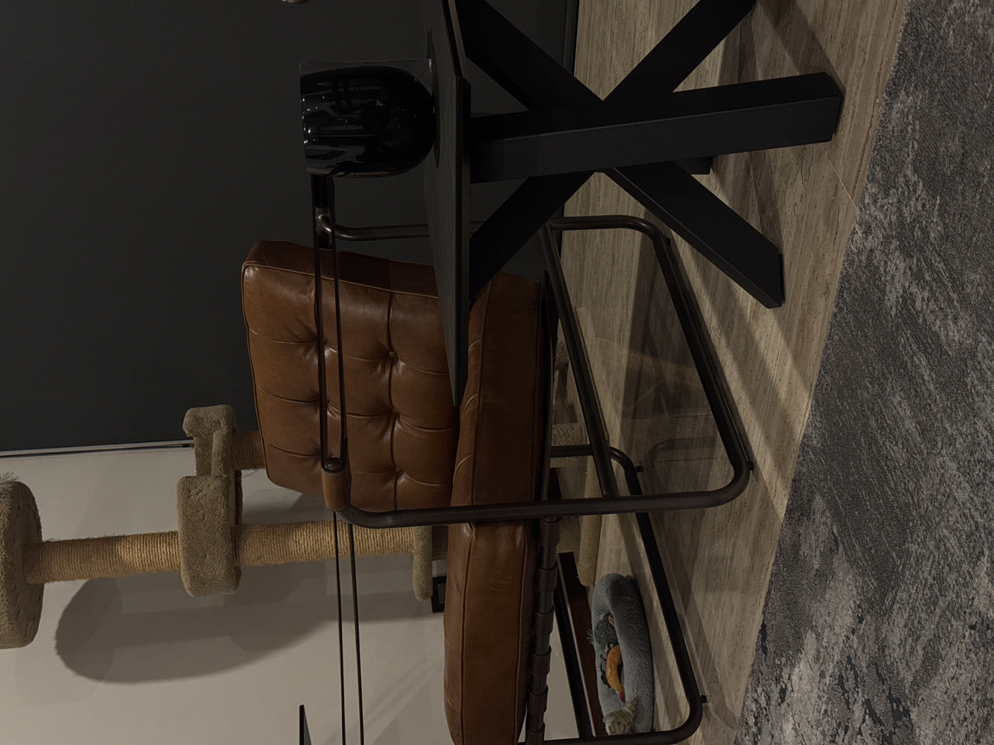 The image shows a close-up view of a leather-upholstered chair positioned next to a black desk with a black X-shaped base. A cat tree stands adjacent to the chair. The flooring beneath the desk is a combination of light-colored wood-look tiles and a grey rug. The specific location in Santa Clara Ocoyucan, Mexico, is not evident from the visual information.