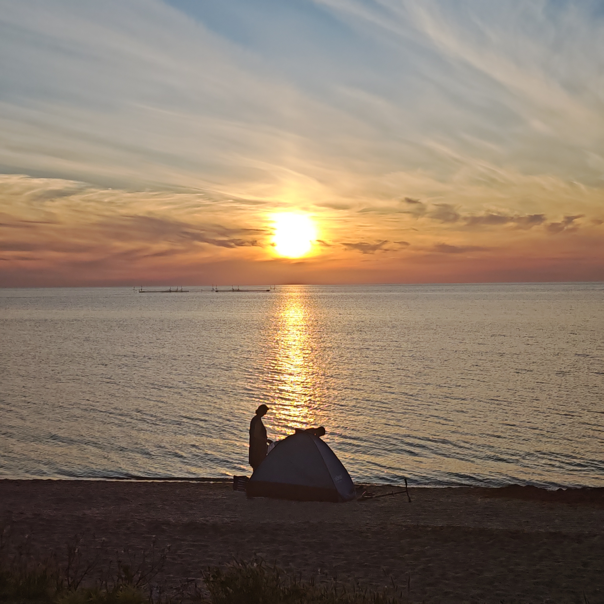 A wide shot depicts a sunset scene over a large body of water at городское поселение Щелкино, Ukraine. The sun, a brilliant white-yellow orb, is positioned slightly left of center on the horizon, casting a strong, shimmering reflection across the water's surface towards the viewer. The sky above the horizon transitions from deep orange and red directly around the sun to softer orange, yellow, and light blue hues higher up, with delicate, streaky clouds illuminated by the setting light. On the distant water, a series of low, dark structures, possibly piers or aquaculture facilities, are visible as silhouettes against the horizon. In the foreground, a dark sandy beach spans the width of the frame. Two human figures are silhouetted on the beach, near the water's edge, alongside a small, two-tone (blue and grey) dome tent. One figure stands upright, leaning slightly over the tent, while the second figure is lower, mostly obscured by the tent, appearing to interact with it. Sparse, dark vegetation is visible along the immediate foreground edge of the beach.