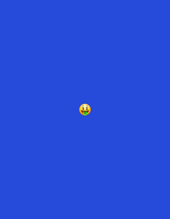 A money-mouth face emoji is centrally located on a solid royal blue background. The emoji is yellow with two dollar signs on its cheeks, a wide open mouth, and its tongue is depicted as a green dollar bill.