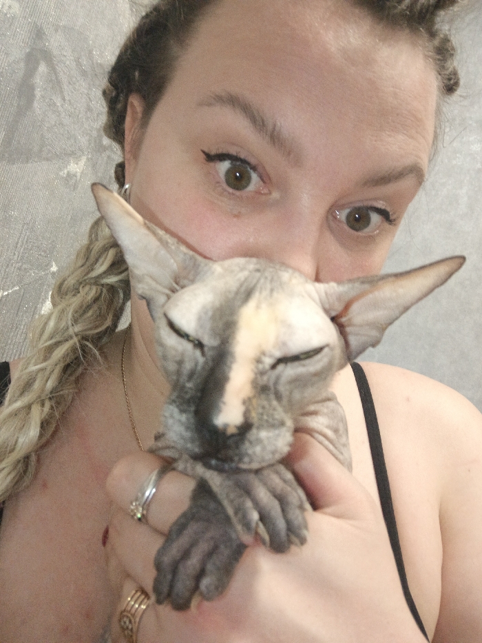 The image captures a close-up portrait of a female individual holding a Sphynx cat in an interior setting in Марковский, Russia. The individual, positioned centrally, presents light skin, light brown eyes with black winged eyeliner, and light-colored hair styled in braids, visible on the left. She wears a silver hoop earring in her left ear, a thin gold-colored chain around her neck, a silver-colored ring with a clear stone on her left ring finger, and a gold-colored ornate ring on her left pinky finger. A black spaghetti strap is visible on her right shoulder. Her gaze is directed towards the viewer. She holds a hairless Sphynx cat, which displays a calico pattern of gray and cream/orange, primarily on its face. The cat's eyes are closed or heavily squinted, and its gray front paws are visible. The background is a light-colored, textured wall.