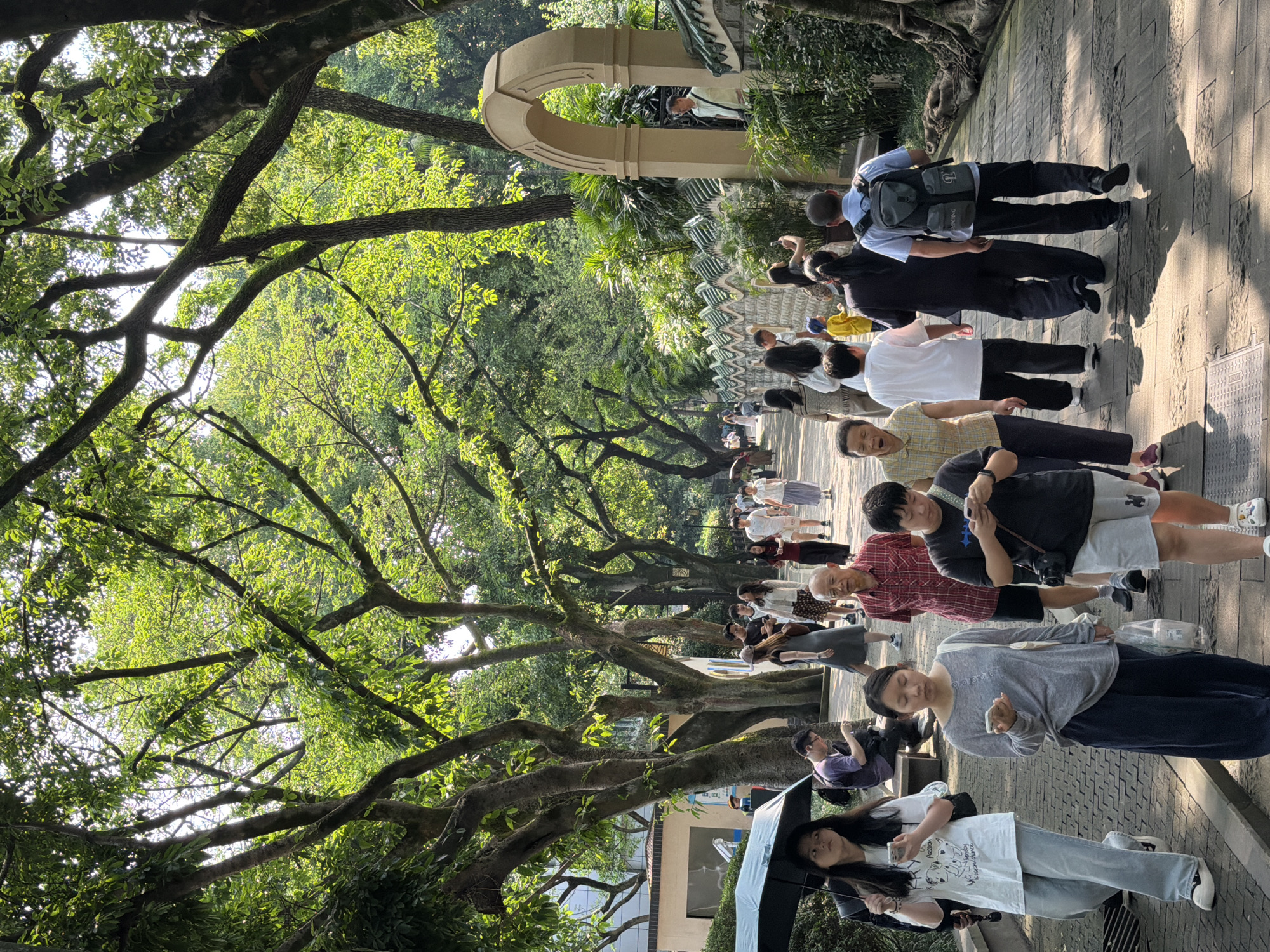 A group of people are walking along a paved path lined with large trees and lush greenery in the city of Yuzhong District, China. The path is made of stone pavers with visible grout lines. Sunlight filters through the dense tree canopy, creating dappled shadows on the ground. On the right side of the path, there is an arched structure and a wall with distinctive green tiled decorative elements. Several individuals are walking in both directions on the path. Some are holding umbrellas, and many are looking at their mobile phones. In the foreground, a young woman walks under a dark umbrella, holding her phone. To her right, another woman is looking at her phone, and a third person, dressed in a black t-shirt and grey shorts, is also looking at their phone and has a camera around their neck. Further down the path, other individuals are walking, including a man in a red plaid shirt and shorts, and a man with a backpack. The scene suggests a public outdoor space, possibly a park or a historical area, with a mix of architectural styles and natural elements.