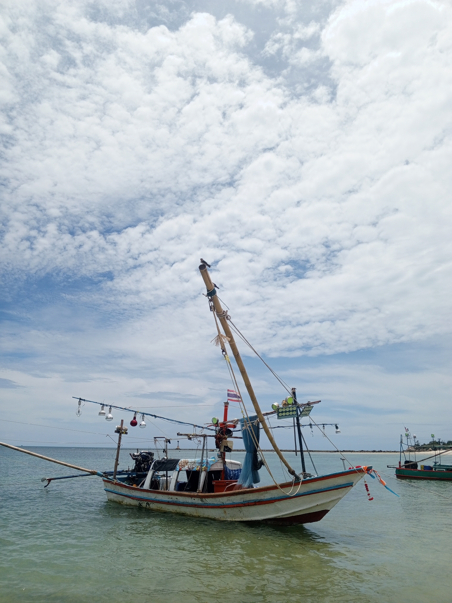 A daytime shot captures a fishing boat docked in the shallow water of a beach, under a sky filled with puffy white clouds. The boat, painted in white, red, and blue, is equipped with a tall bamboo mast with rigging and lights suspended from it. A Thai flag is also attached to the boat. The water around the boat is clear, and there are glimpses of the sandy beach shore and the horizon beyond. Another fishing boat is visible in the background. A bird sits atop the mast.