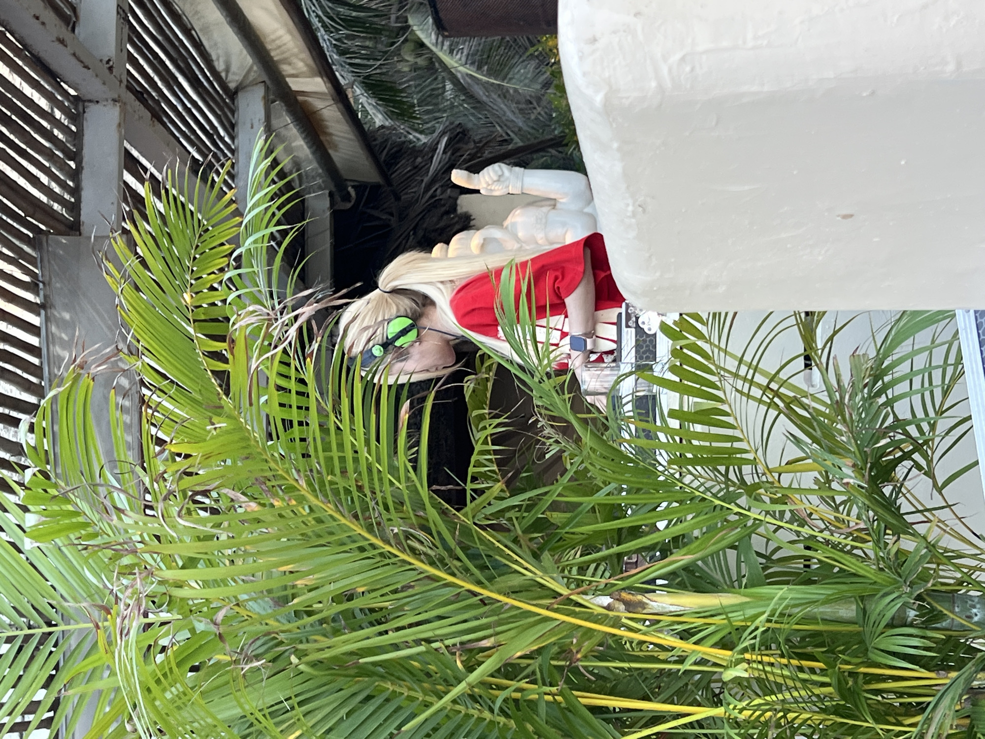 An indoor/outdoor image shows a person with blonde hair wearing bright green sunglasses and a red shirt. They are partially obscured by green palm fronds. The person is next to a large white statue of a human figure with an extended finger. Palm trees and other greenery are present in the background. To the left of the person and greenery, there is a structure with horizontal slats. The location appears to be a semi-outdoor space, consistent with a setting in Nha Trang, Vietnam, but the image is not definitive.