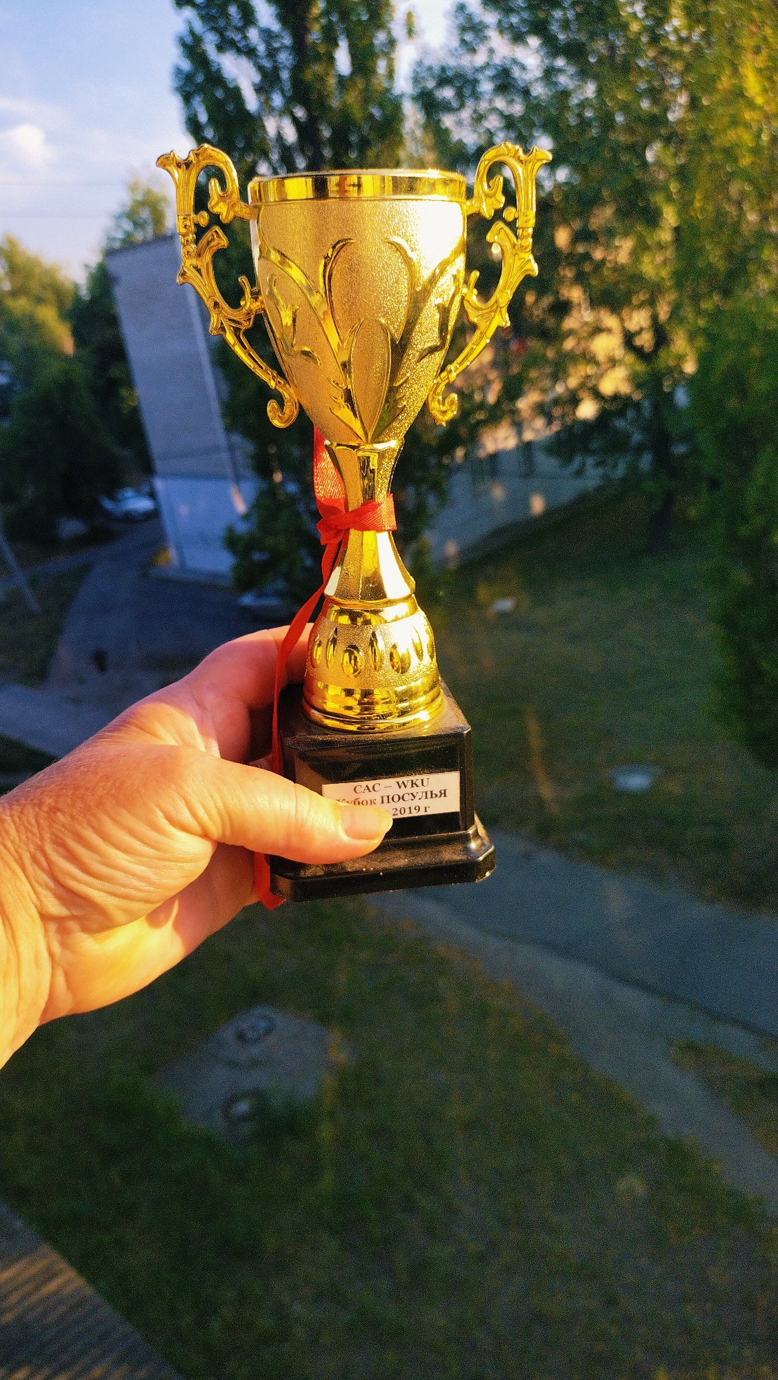 A golden trophy with a red ribbon is held by a person's hand in the foreground. The trophy is on a black base with a label that reads "САС - WKU" and "Кубок Посулья 2019 г." In the background, there are trees, a building, and a road, suggesting an urban or suburban setting. The lighting indicates it may be late afternoon or early morning due to the warm glow on the trophy and foliage. The image was likely taken from an elevated position, possibly a balcony or window, offering a view of the city of Horishni Plavni, Ukraine.