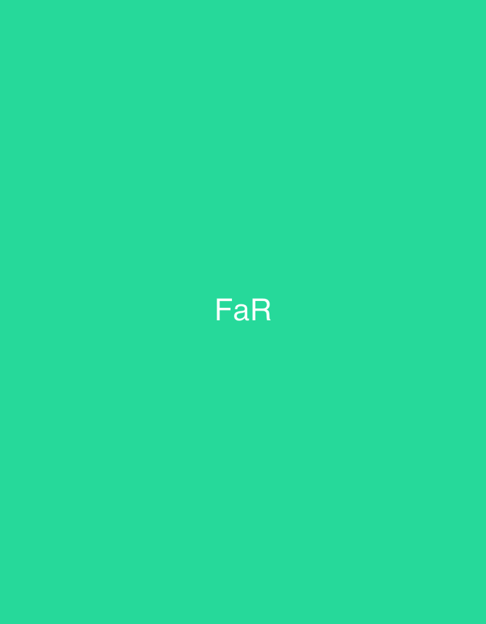 This image features the white text 'FaR' centrally placed against a uniform, solid teal-green background. As a digital graphic, it lacks discernible environmental details, people, subjects, objects, actions, or interactions. The image is presented within the context of the city of Casablanca, Morocco.