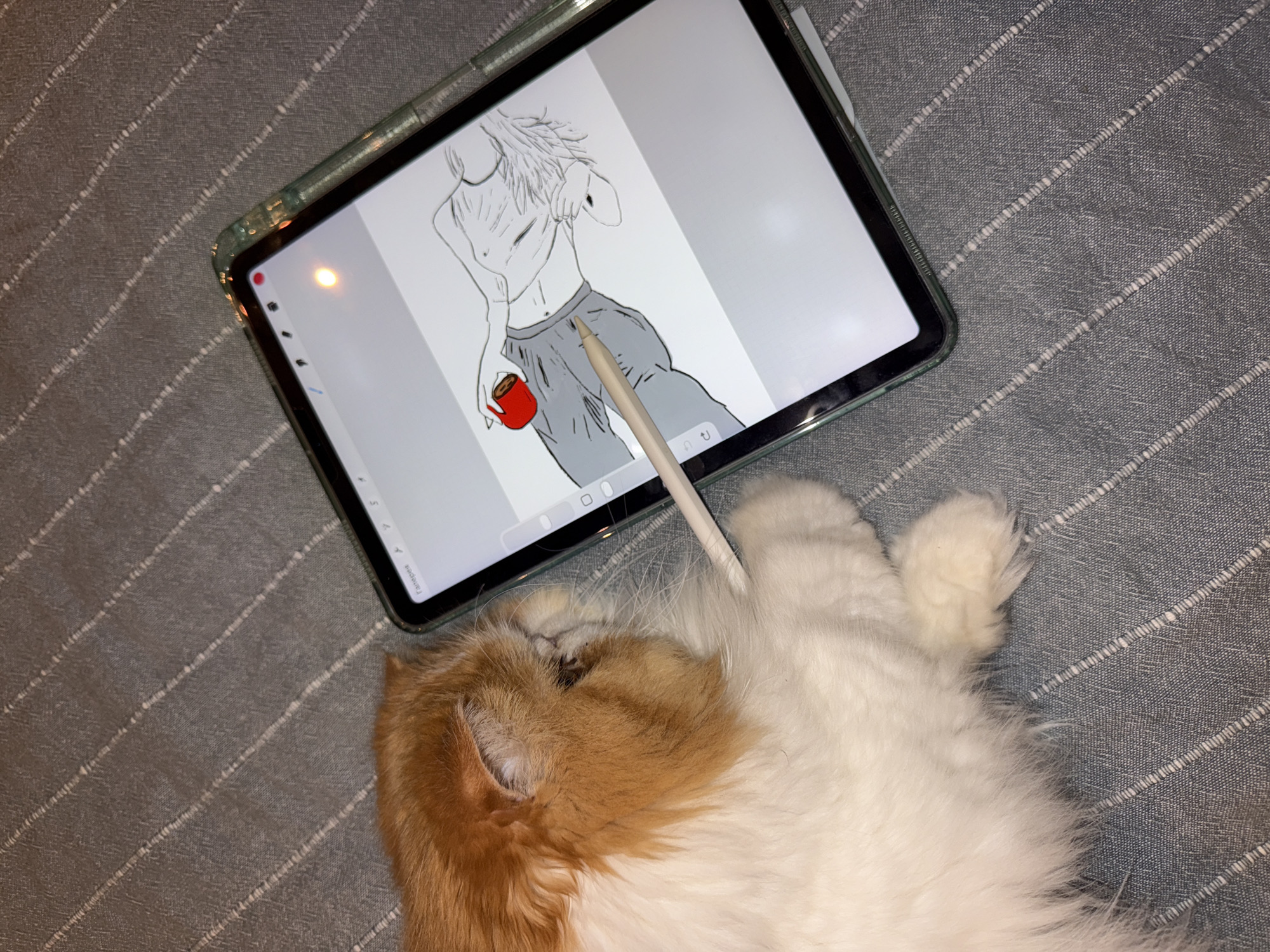 An overhead shot shows a gray and white patterned surface, possibly a bedspread or throw. On the surface is a partially obscured light orange and white cat lying near a tablet and stylus. The tablet displays an incomplete digital drawing of a person holding a red cup. The stylus lies on the cat, indicating recent use or interaction. The photograph provides no visual evidence of the city of Barcelona, Spain.