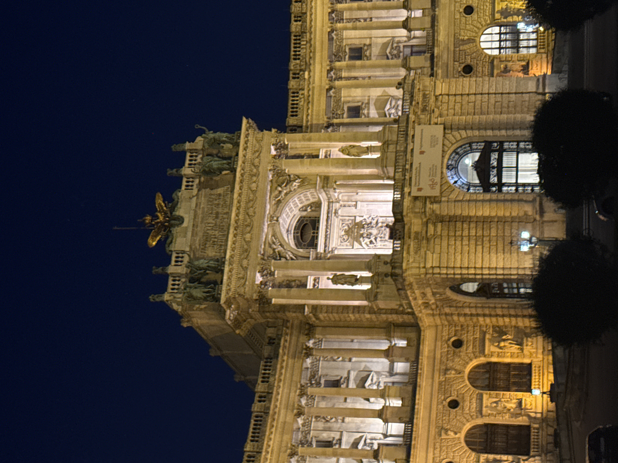 The image shows a large, ornate building at night in Vienna, Austria. The building, illuminated by artificial lights, features classical architecture with columns, statues, and intricate carvings. The sky above is dark blue, indicating nighttime. In the foreground, dark foliage partially obscures the lower part of the building and the street. A street lamp is visible in the middle ground. The overall impression is of a grand, historic structure in a European city at night.