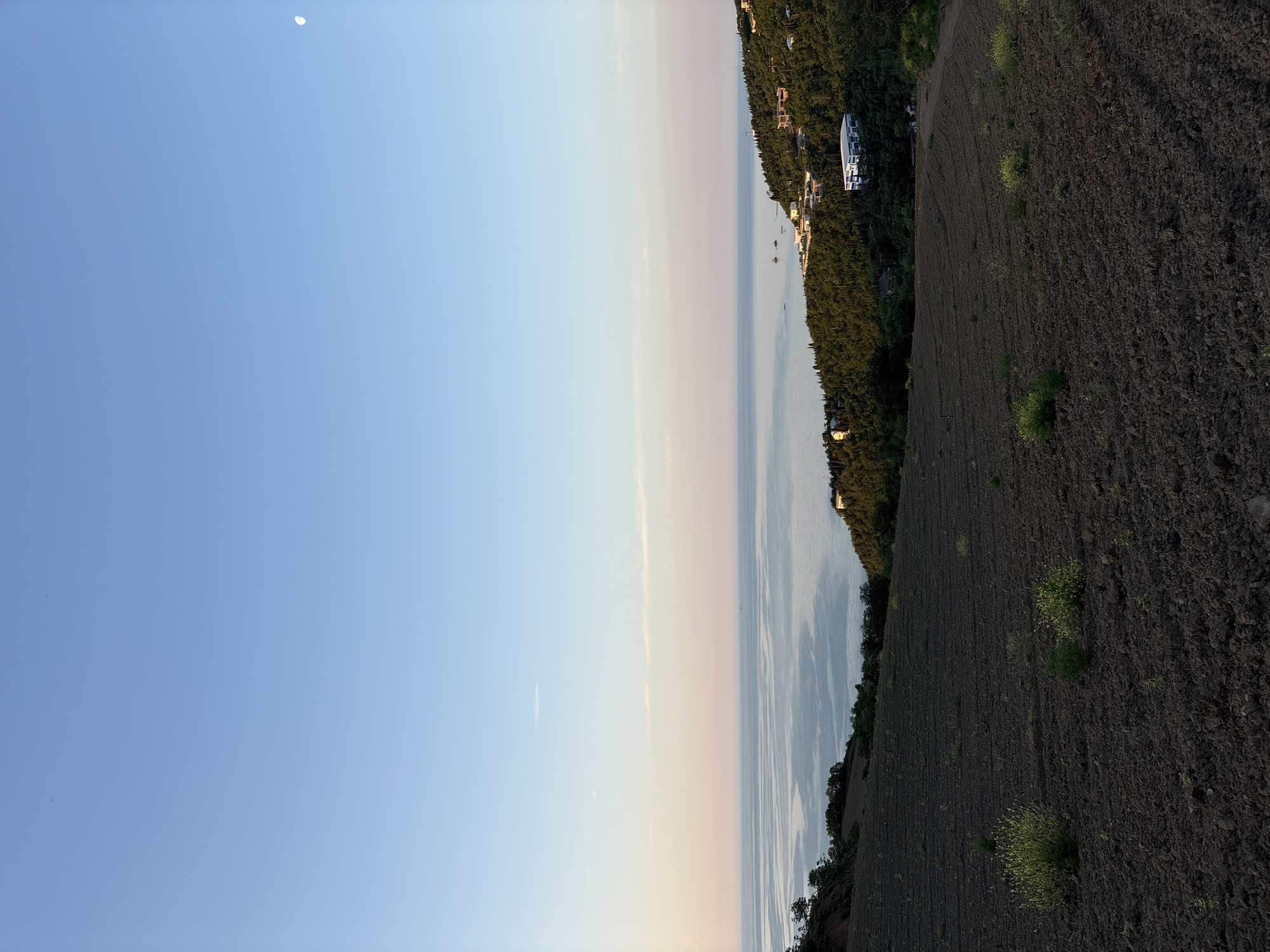 The image displays a serene coastal landscape under a clear, expansive sky, likely captured during either early morning or late afternoon. The sky, a gradient of light blue to a pale, warmer hue near the horizon, occupies the upper half of the frame. A distinct, white crescent moon is visible in the upper left quadrant of the sky.
Running horizontally across the mid-ground is a calm body of water, likely a sea or large lake, reflecting the soft light. Several small, dark boats are scattered across its surface. Along the opposite shore of the water, a dense band of dark green trees forms a forested coastline. Interspersed within this vegetation are several white or light-colored buildings, suggesting human habitation or development along the coast.
The foreground, particularly on the right side, is dominated by a large expanse of dark, freshly tilled earth, indicative of an agricultural field. Sparse clusters of small, light green, bushy plants are dotted across this dark soil.
The overall impression is one of tranquility and natural beauty, with no specific activity or event taking place. The clear sky and calm water suggest pleasant weather conditions. No discernible text is visible in the image. This scene is consistent with coastal views found in regions like Chaika, Ukraine.