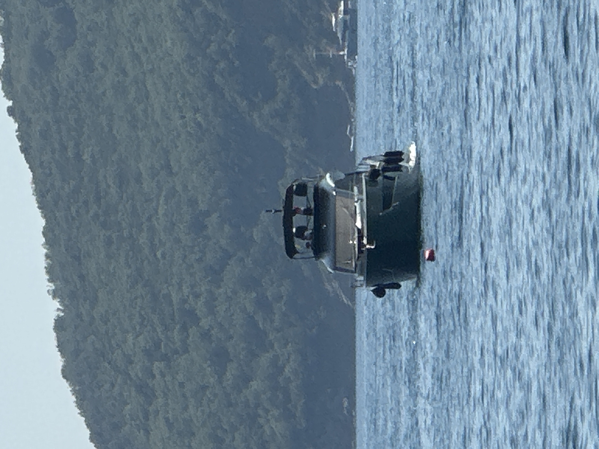 A modern, dark-colored motor yacht is navigating on a body of blue water. The yacht has a covered cockpit with several people visible inside. The water is rippled, indicating some movement. In the foreground, a small red buoy is floating on the surface. In the background, a densely wooded hillside rises steeply from the water's edge. The sky is clear and light blue. The scene appears to be a coastal area, possibly near Budva, Montenegro, given the presence of forested hills and the sea. Further in the distance, another boat, possibly a ferry or larger vessel, is visible near the shore.