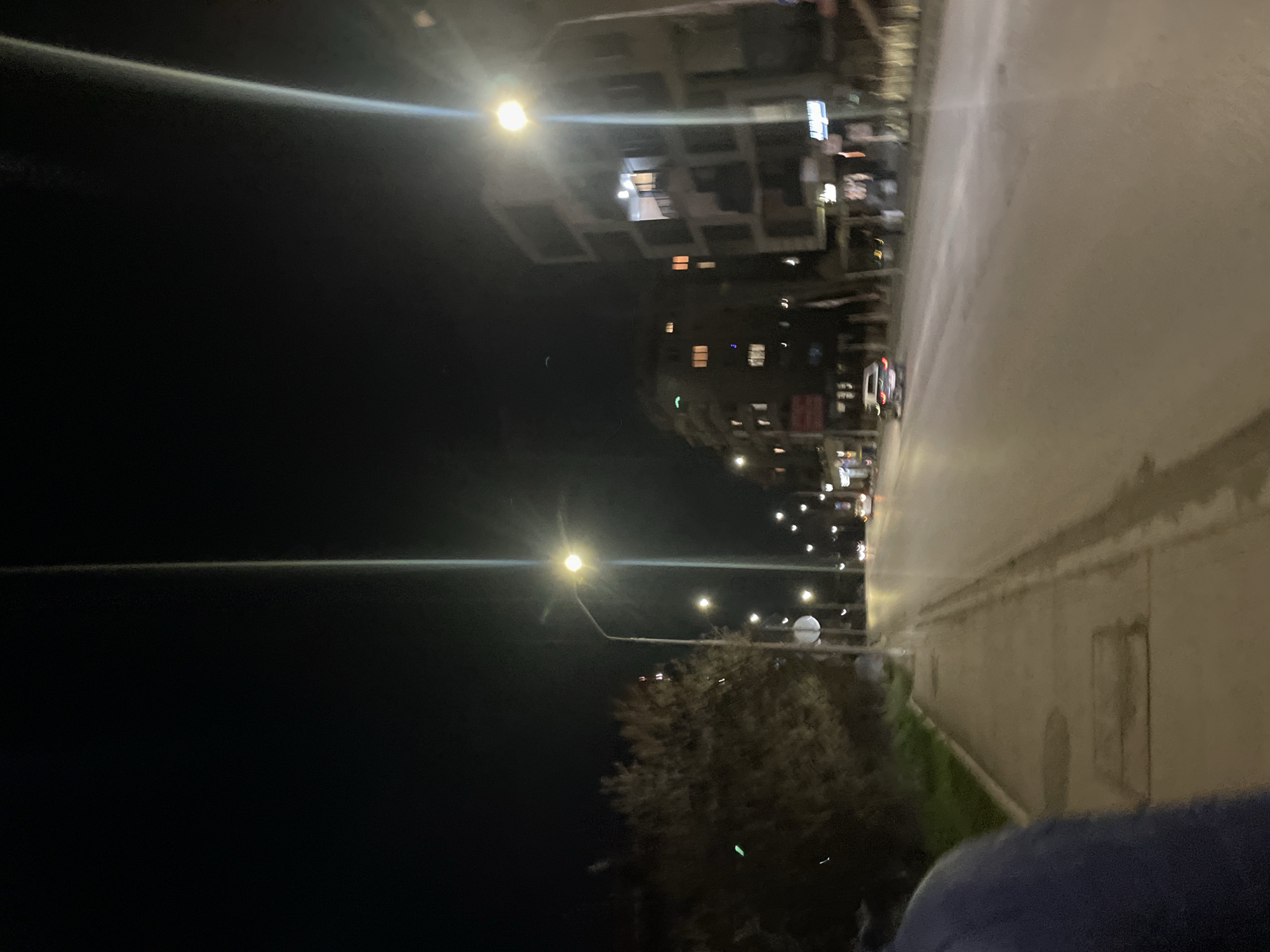 The image depicts a street scene at night in Sofia, Bulgaria. A multi-story building with lit windows is visible along the upper part of the image. Streetlights line the road, casting a glow on the pavement. A tree is present along the side of the street. A portion of a person's clothing (possibly a jacket) is visible in the lower right corner of the image. There are a few vehicles driving on the right side of the street.