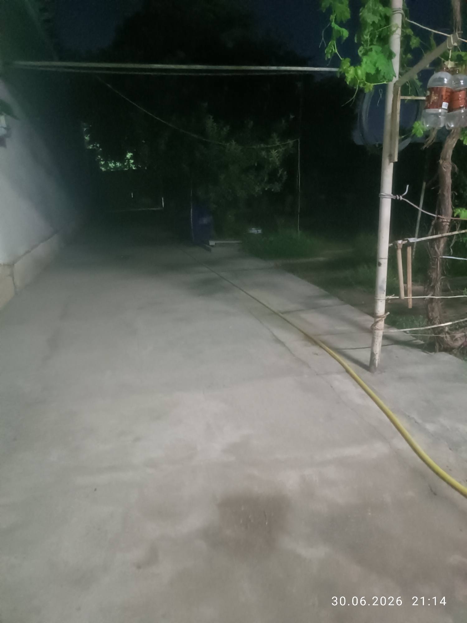 The image depicts an outdoor scene at night, possibly in Zangiata, Uzbekistan. The foreground is dominated by a concrete pathway or yard, illuminated by artificial light, casting a faint glow on the surface. A yellow hose is visible, running across the pathway and towards the right side of the frame. In the background, trees and vegetation are present, appearing dark and silhouetted against the night sky.
To the right, a vertical pole supports some greenery, likely grapevines, and two plastic bottles hang from a structure. A rough wooden post is also attached to the pole. The overall setting appears to be a residential or rural area.
The time stamp at the bottom right corner of the image reads "30.06.2026 21:14," indicating that the photograph was taken on June 30, 2026, at 9:14 PM. The lighting suggests it is nighttime, and the lack of visible precipitation or strong winds implies calm weather conditions. No people are visible in the frame. The scene is quiet and still, with no discernible activity taking place. The mood is serene and somewhat mysterious due to the low light and nighttime setting.