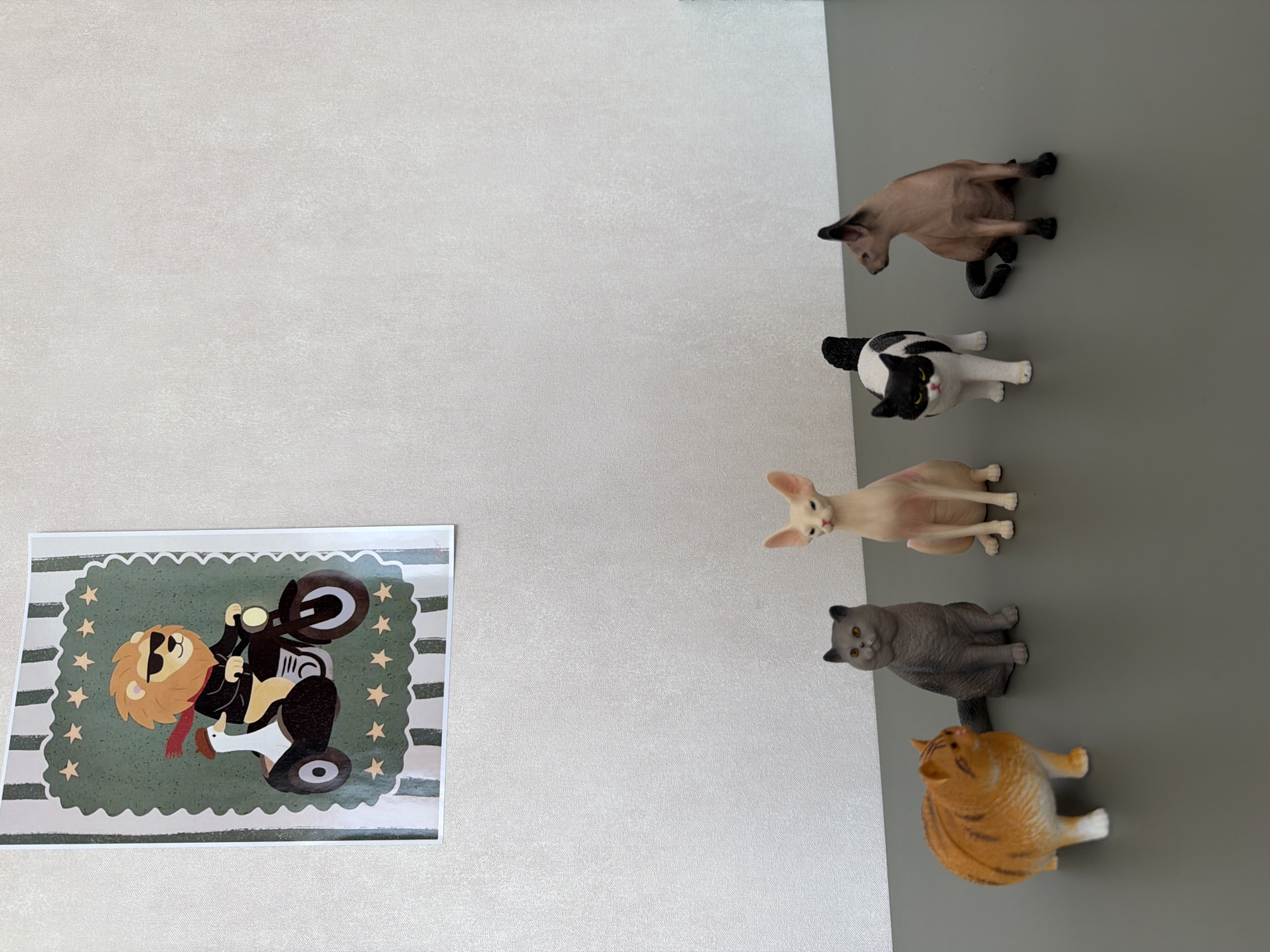 The image shows a section of a wall divided into two sections: a white section on the left and a gray section on the right. On the white section, there is a framed print of a cartoon lion wearing sunglasses and a red scarf, riding a motorcycle on a green patterned background with gold stars. On the gray section, there are five cat figurines lined vertically: a Siamese cat, a black and white cat, a Sphynx cat, a gray cat, and an orange tabby cat. No specific location in Chaikovsky, Russia, can be determined from the image. There are no people, actions, or interactions visible in the image.