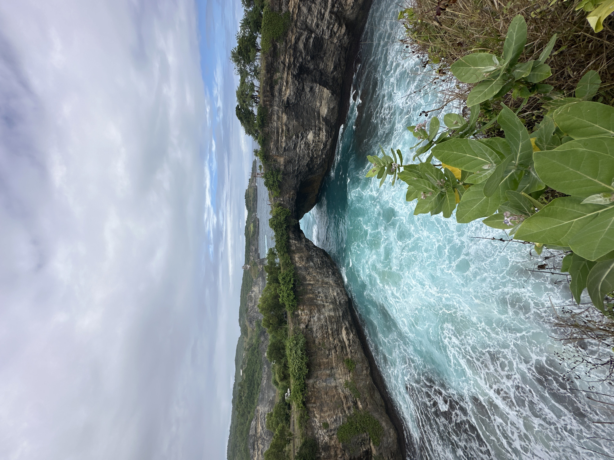 The image presents a view of Angel's Billabong in Nusa Penida, Indonesia. This natural pool is formed by a gap in the coastal cliff where the ocean water flows in and out. The pool's water appears turquoise in color due to the mix of seawater and natural rock formations. The surrounding cliffs are rocky and covered with green vegetation. The sky is overcast with clouds. Along the cliff edge, there is plant life, including some broadleafed plants.