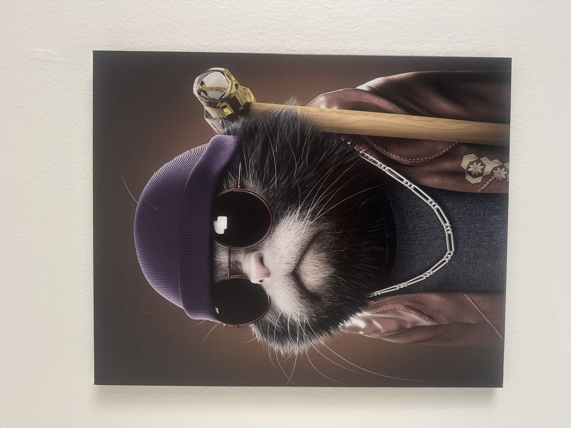 A framed canvas print of a stylized cat wearing a purple beanie, sunglasses, a brown leather jacket, and a silver chain hangs on a textured white wall. The cat is holding a wooden staff topped with a golden, faceted object. The print has a dark brown background. The scene is indoors, and no specific location in Los Angeles, United States of America, can be identified.