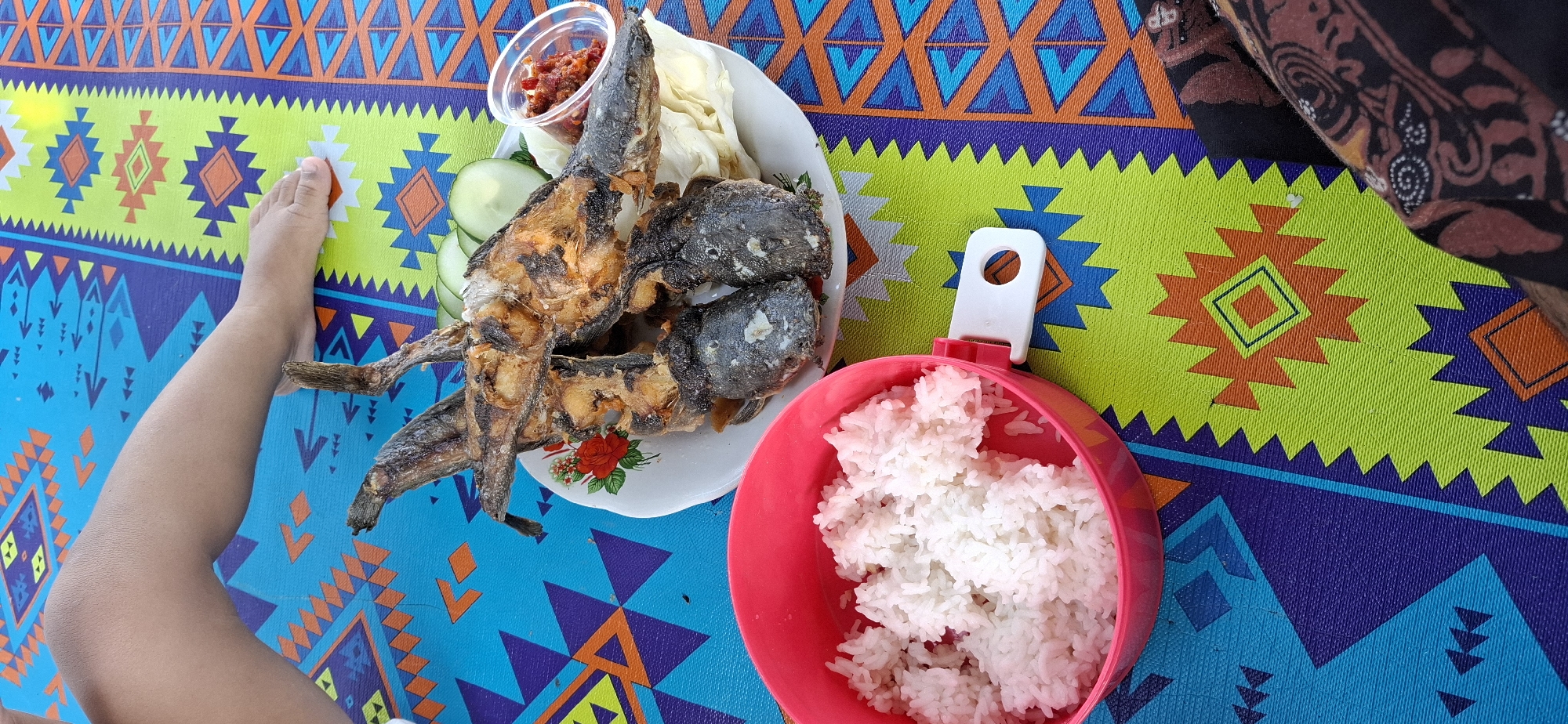 In Wunut, Indonesia, a meal is laid out on a brightly colored mat with geometric patterns. A person's leg and foot are visible on the left side of the image, suggesting they are seated. In the center, a plate holds fried catfish, garnished with cucumber slices, shredded cabbage, and a small dish of chili paste. To the left, a pink bowl is filled with white rice. The overall scene depicts a casual outdoor dining experience.