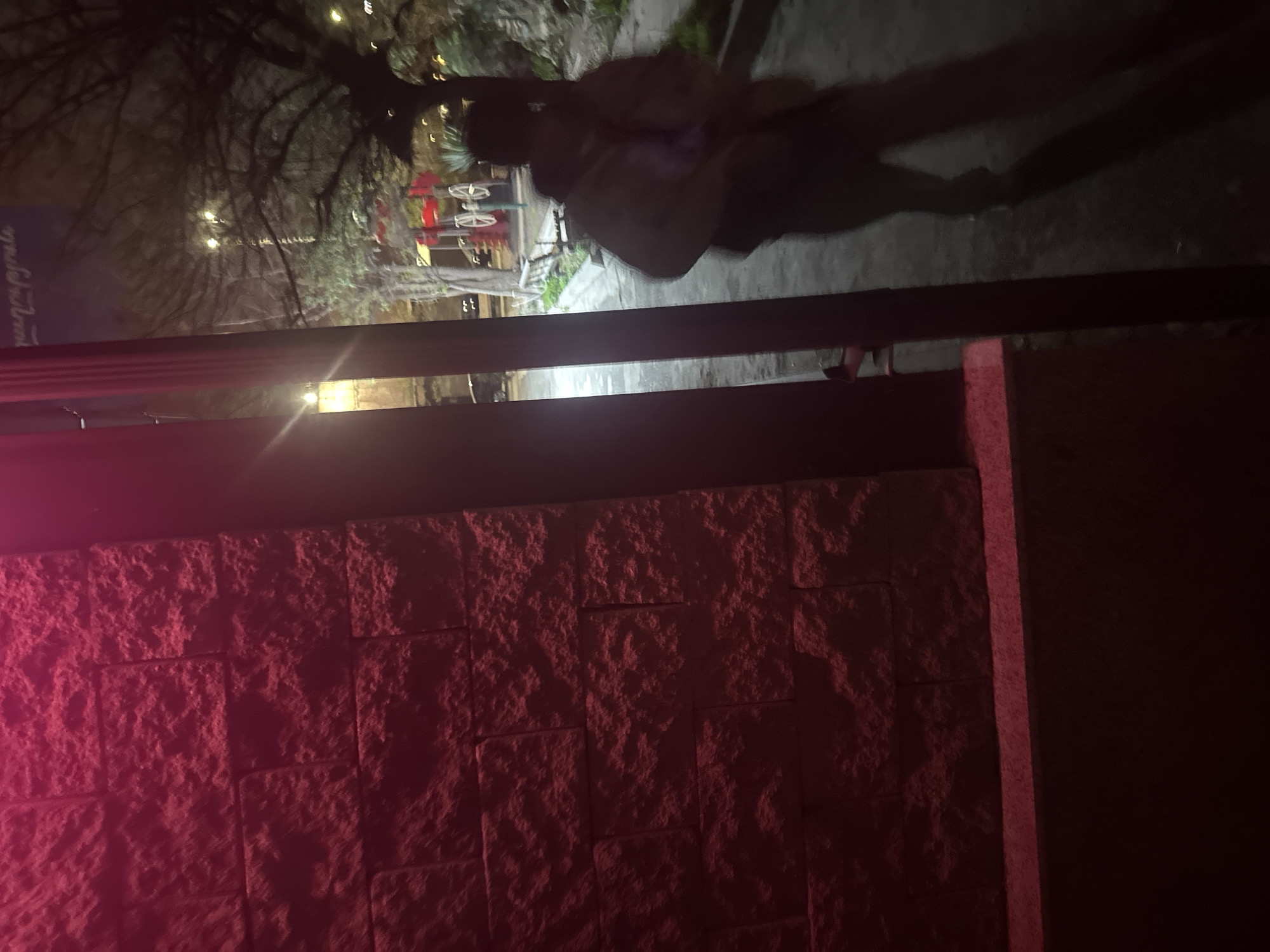 The image depicts an outdoor scene at night, possibly taken through a doorway or behind a low wall. A brick wall, illuminated in red or pink lighting, is in the foreground. Beyond the wall, a sidewalk or pathway leads into the background. There are trees and what appear to be outdoor decorations or structures in the background. A blurry figure of a person is walking along the sidewalk. The overall lighting is dim, and details in the distance are obscured by darkness.