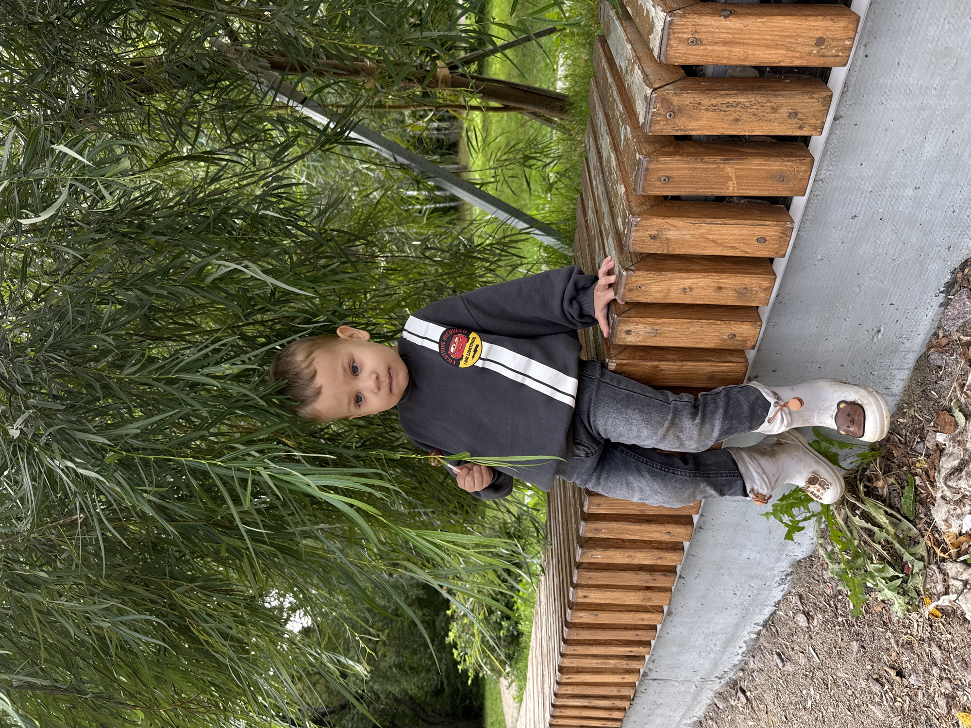 In Dumino, Russia, a young boy sits on a wooden slatted bench under a weeping willow tree. The boy is wearing a dark grey sweatshirt with a white stripe and a Lightning McQueen patch, dark grey jeans, and white rain boots with bear motifs. He is holding a blade of grass in his right hand. The bench is made of light brown wooden slats with visible screws and is situated on a concrete base. The ground around the bench is covered with dirt, leaves, and some weeds. The background features a park-like setting with more greenery, trees, and a path.