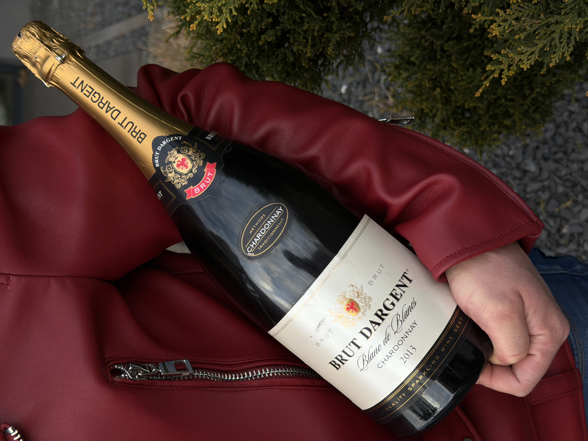 A person's torso, left arm, and left hand are visible, holding a dark glass bottle of sparkling wine. The person wears a textured, dark red, leather-like jacket featuring a silver metal zipper with a rectangular pull tab on a side pocket, and partially visible blue denim jeans. The bottle, held near its base by the left hand, is identified as "BRUT D'ARGENT Blanc de Blancs Chardonnay 2013". Its neck is covered with gold foil printed with "BRUT D'ARGENT", and it has a main white label displaying the brand name, a crest with a red griffin, and the wine's type and vintage. A smaller circular gold and black label on the neck reads "MÉTHODE CHARDONNAY TRADITIONNELLE". The outdoor background is out of focus, showing dark grey gravel and vibrant green coniferous shrubbery with lighter tips. The scene is situated in Junglinster, Luxembourg.